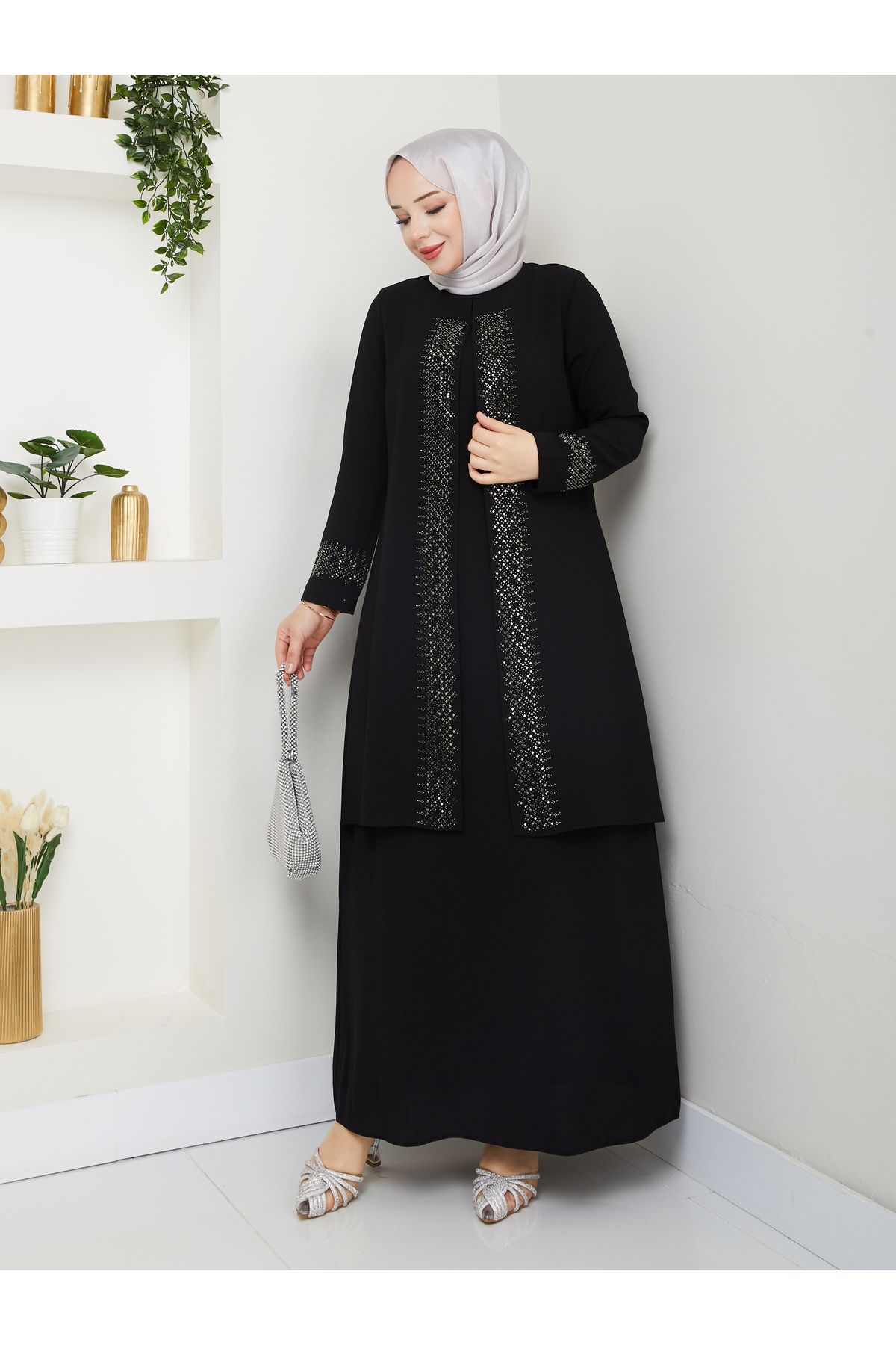 KMKkombin ANNE MODEL TAM BOY RAHAT KALIP ŞERİT DESENLİ TAŞLI KADIN ELBİSE 2024