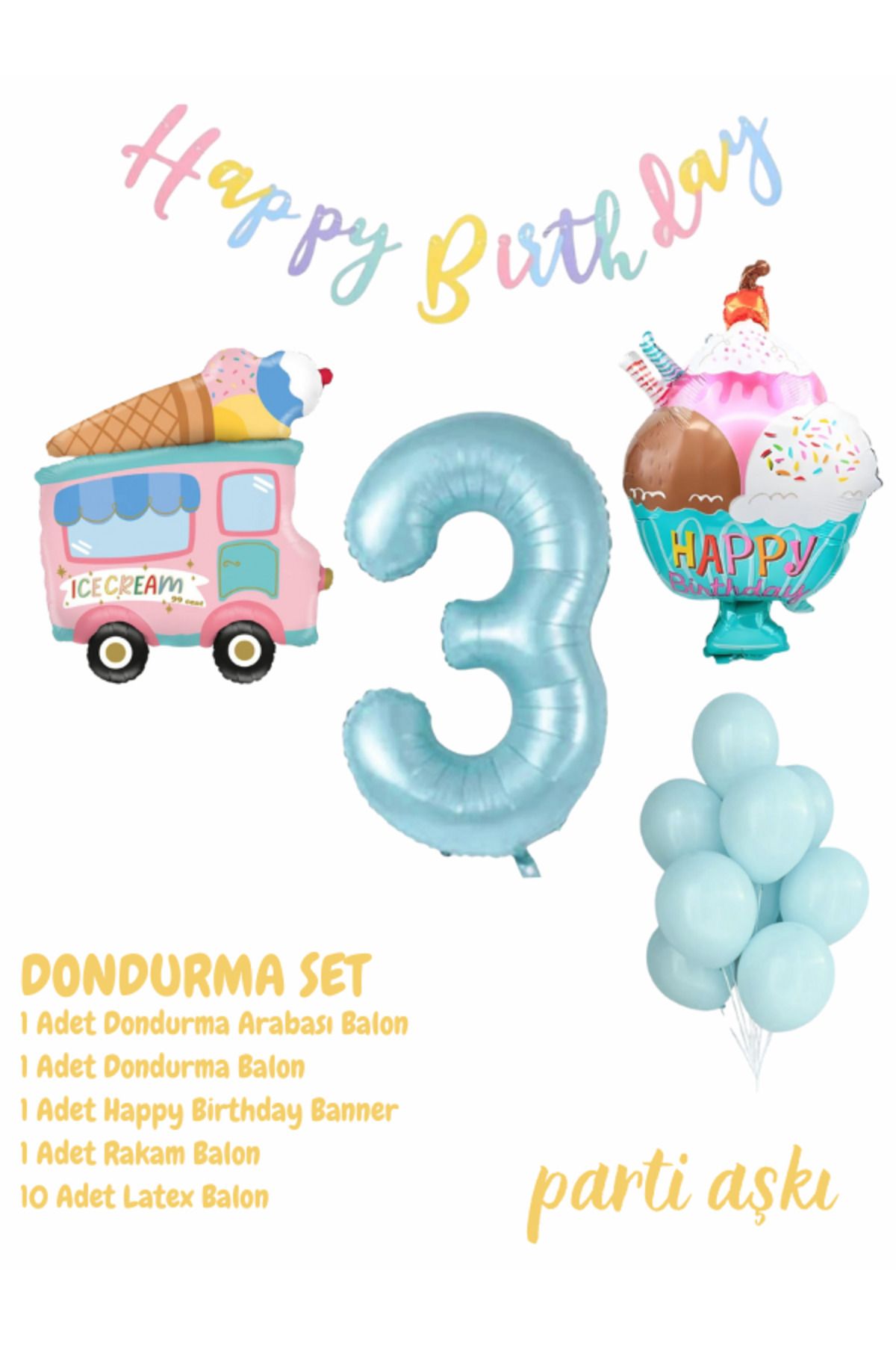 PARTİ AŞKI 1 Yaş Dondurma Temalı 5'li Balon Seti & Erkek Çocuk, Bebek Ice Cream Yaz Konsepti Doğum Günü Partisi