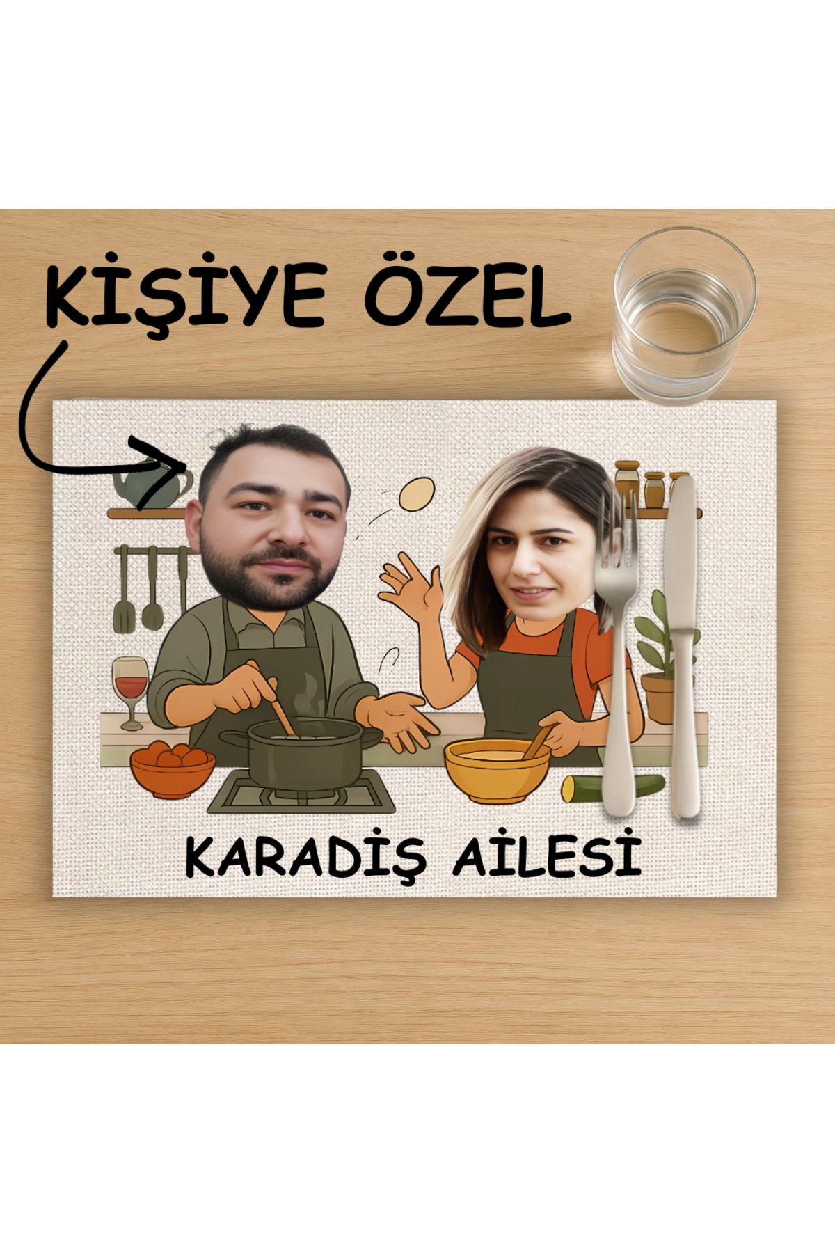 Hediye Deposu Kişiye Özel Karikatür Baskılı Çift Tasarımlı Amerikan Servis, Tabak Altlığı & Ev Hediyesi, 2 Adet