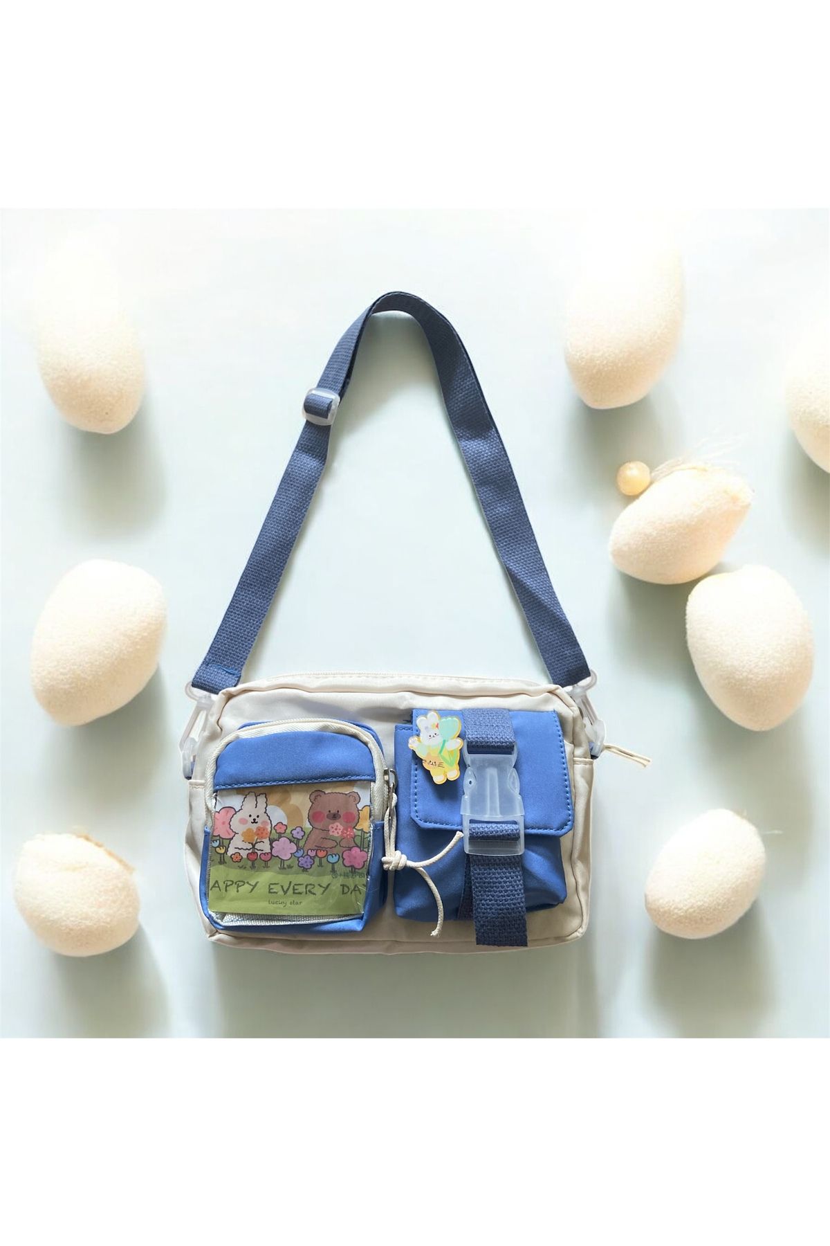 synshop Kawaii Kore Japon Tarzı Genç Kız Çocuk Kadın Crossbody Yan Omuz Çanta Resimli Kart Ve Rozet