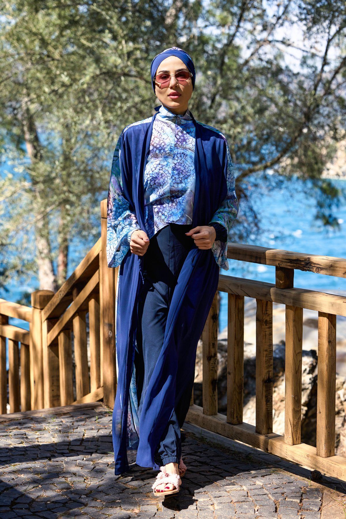 ns tasa Blue Garden Desen Beli Bağcıklı Tasarım Tesettür Pareo