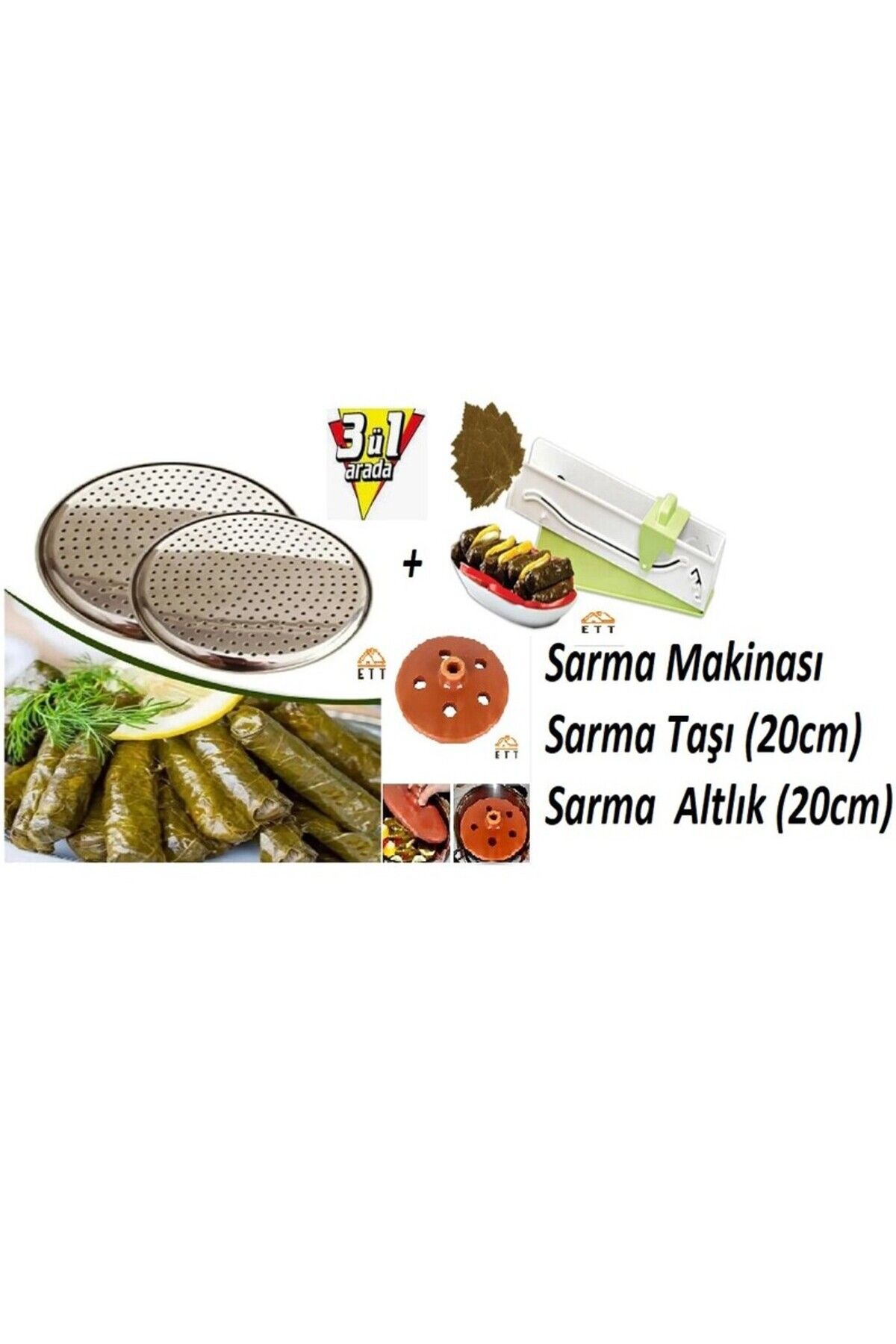 ELİTEHOME Yaprak Dolma Pazı Sarma Makinası 3 lü Set (Sarma Makinası + 20cm Sarma Taşı+ Tencere Altlık 20cm