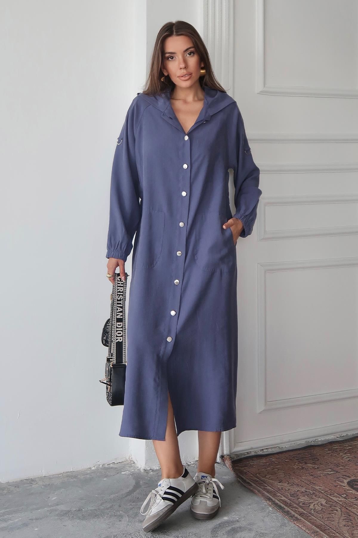 Olcay-Modal Cap with Hooded Drawstring Detail Unlined Indigo 6711-Y 6