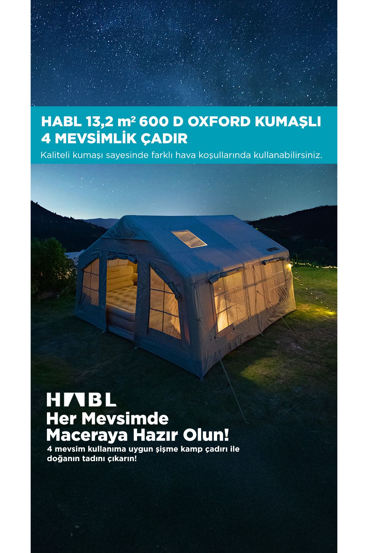 habl 13 Kişilik 13.2m2 Su,Rüzgar ve Kar Geçirmez 600D Oxford Kumaşlı 4 Mevsim Şişme Çadır 367*360*220cm
