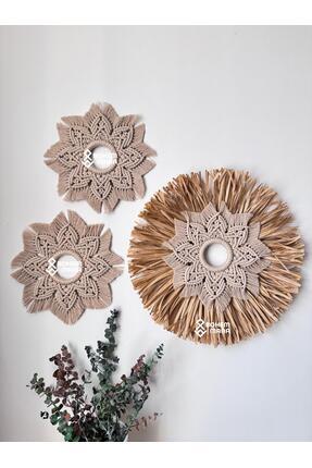 bohemmana 3'lü Özgün Tasarım Makrome Mandala Detaylı Naturel Rafyalı Duvar De...