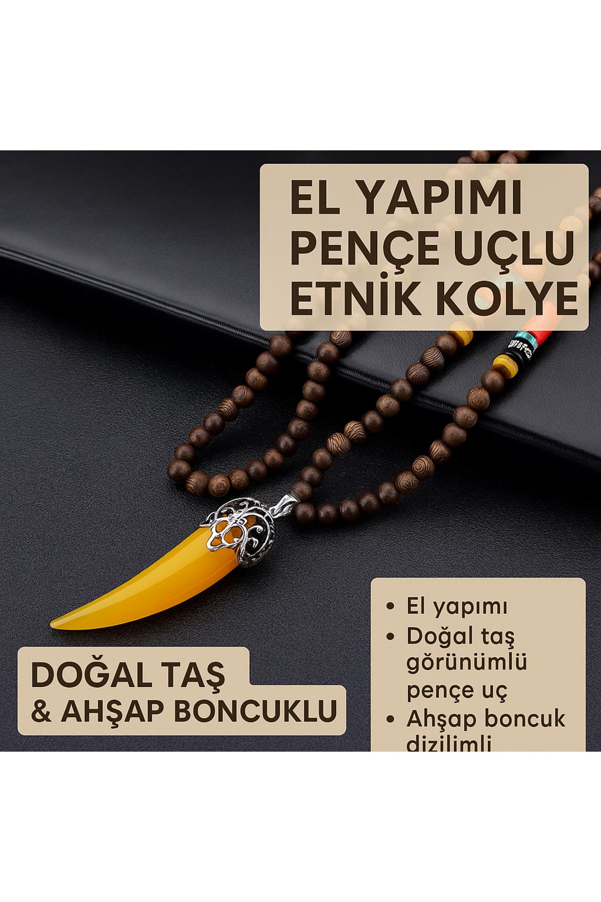 Enjoy El Yapımı Sarı Pençe Uçlu Etnik Kolye Doğal Taş & Ahşap Boncuklu