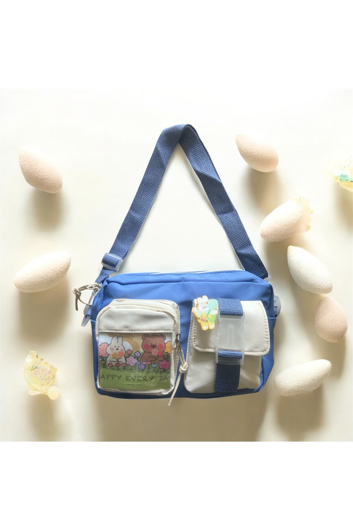 synshop Kawaii Kore Japon Tarzı Genç Kız Çocuk Kadın Crossbody Yan Omuz Çanta Resimli Kart Ve Rozet