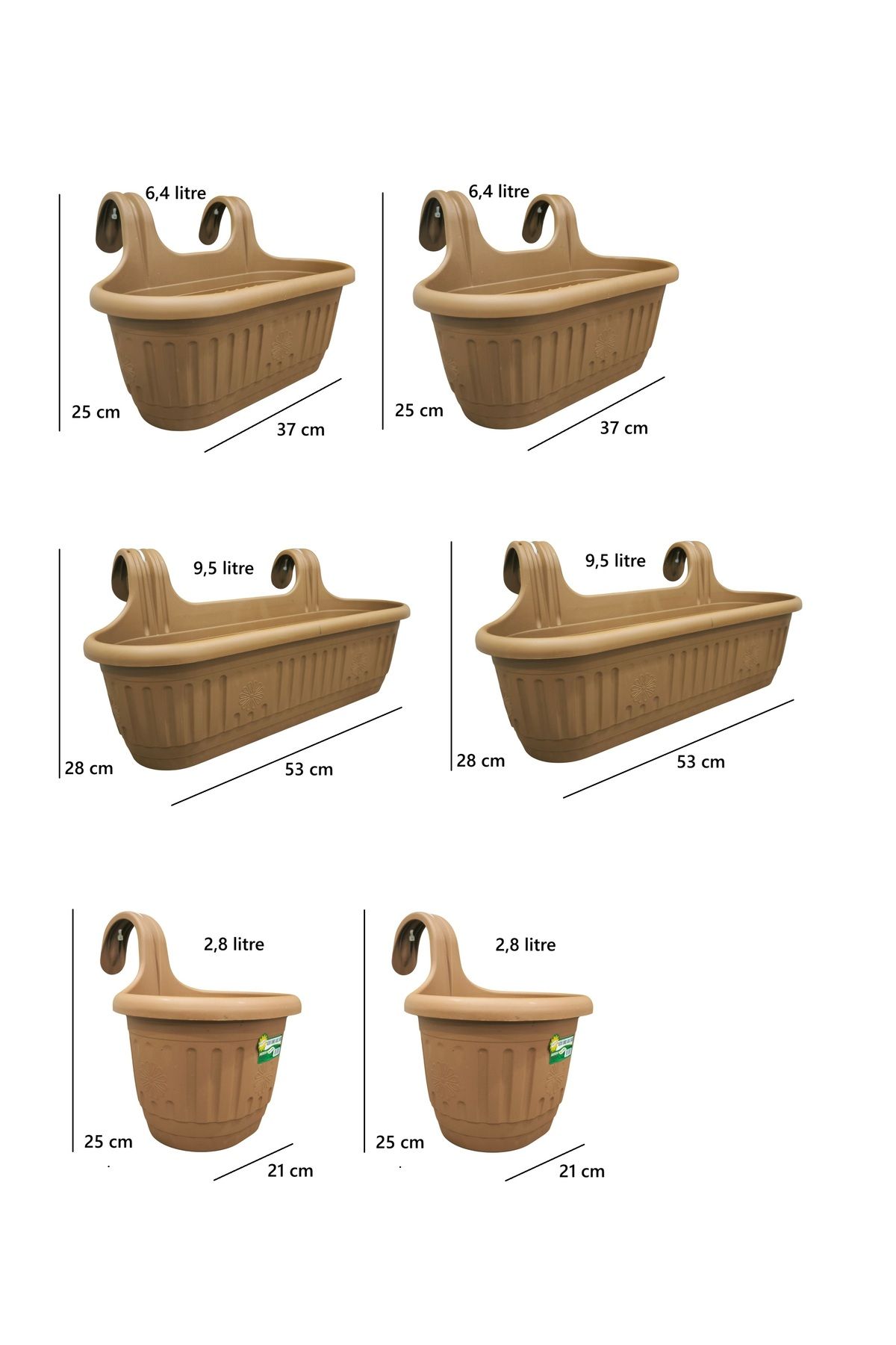 demethome 6 adet Kendinden Askılı Balkon Saksısı Plastik Kelepçeli Sağlam 2x2,8 lt 2x6,4 lt 2x9,5 litre