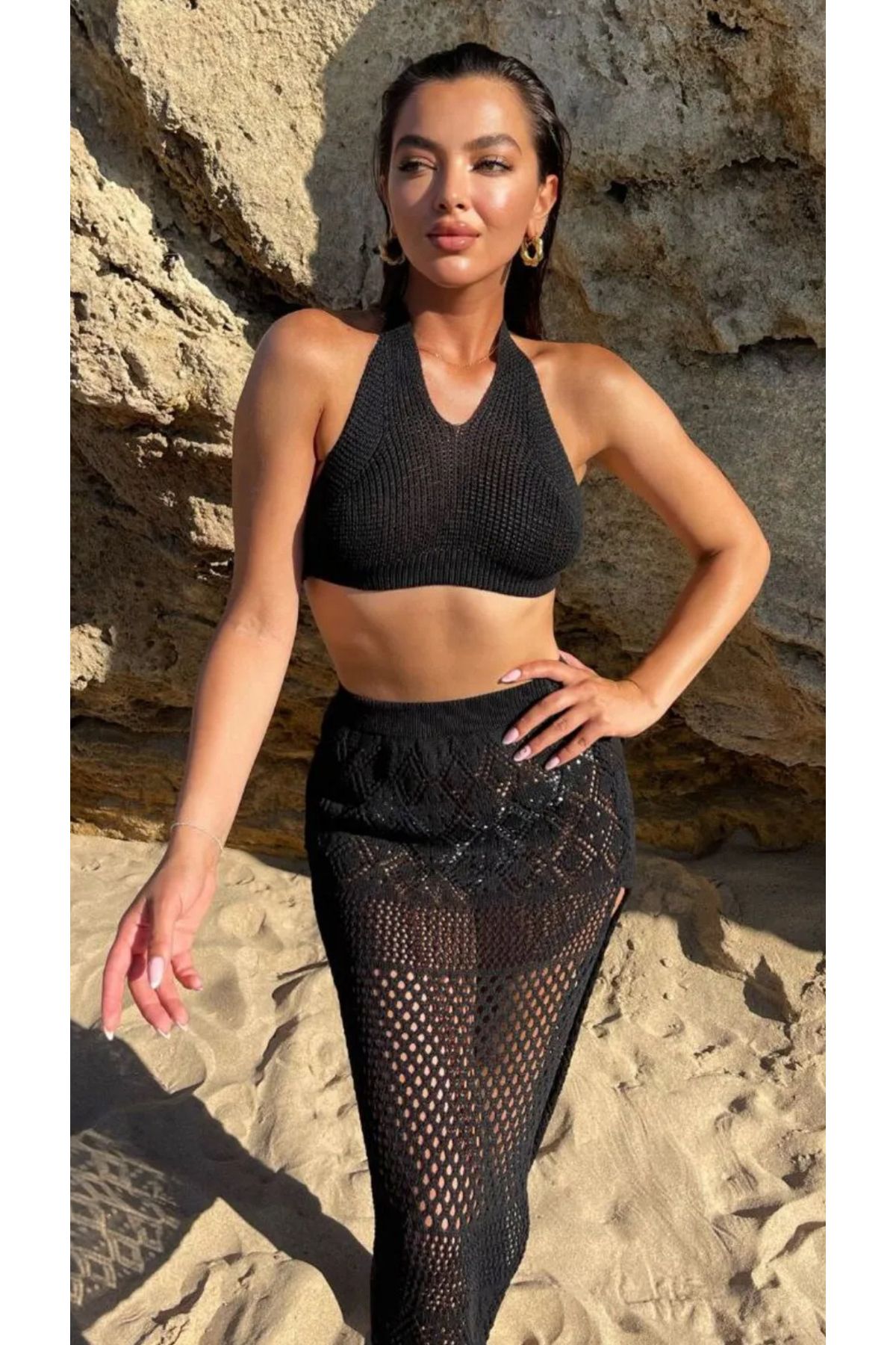 Noi Belis Ajurlu/Delikli Crop Bluz Midi Boy Etek İnce Yazlık Takım SS25AU0005