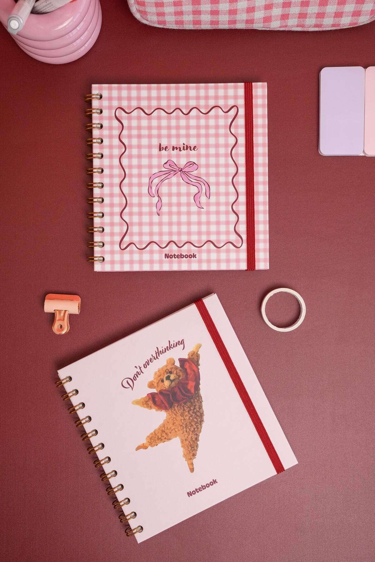 Matt Notebook 15x15 cm Kare 2'li Set Spiralli Çizgili Tarihsiz Not Defteri Pötikare Ayıcık