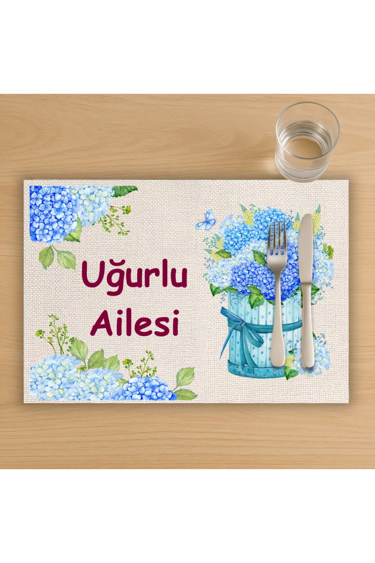 Hediye Deposu Kişiye Özel Mavi Çiçekler Yazılı Tasarımlı Amerikan Servis, Tabak Altlığı & Ev Hediyesi, 2 Adet