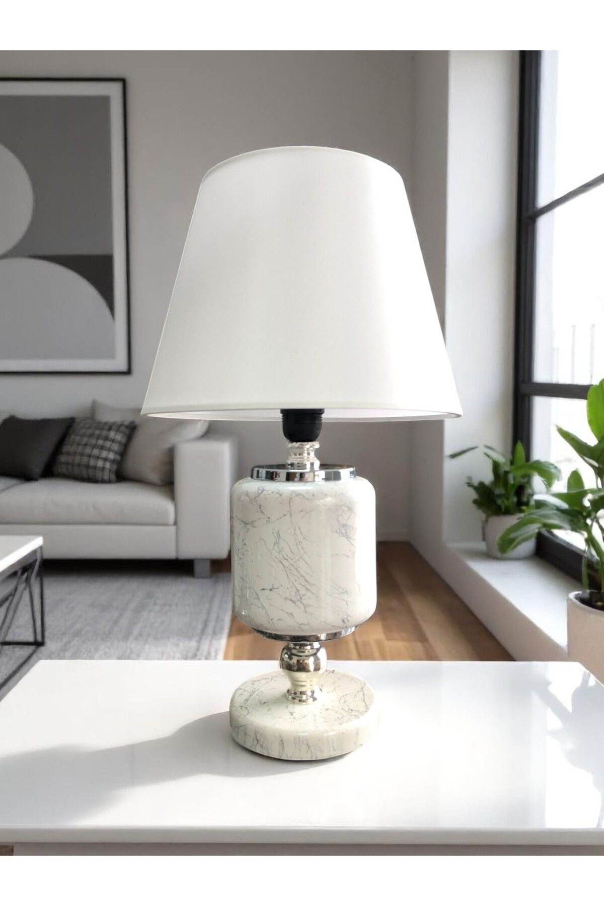ferayhome Abajur Aydınlatma Seramik Oval Beyaz Mermer Beyaz Şapka GÜMÜŞ - Feray Home