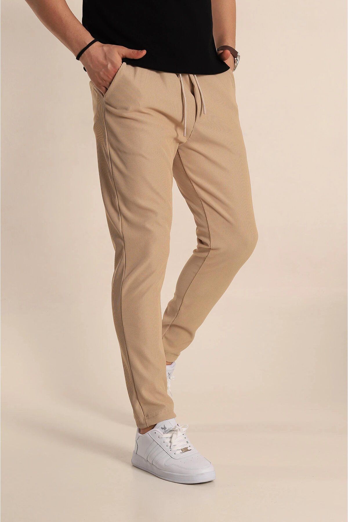 ribana Slim Fit Fitilli Doku Bel Bağlamalı Mevsimlik Erkek Jogger Pantolon -j320