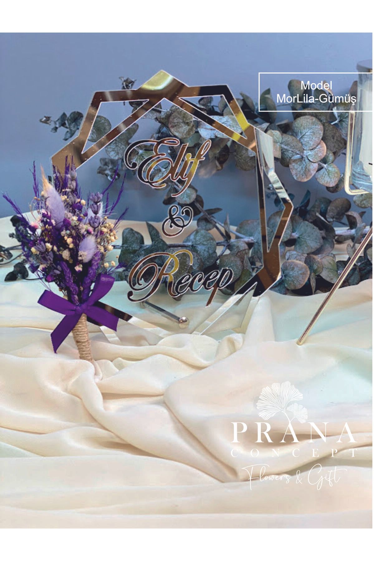 shop Pleksi Söz Nişan İsim Dekoru Gümüş Renk ve Çiçek Süslemeli 20*20Cm Prizma Modeli İsimlik