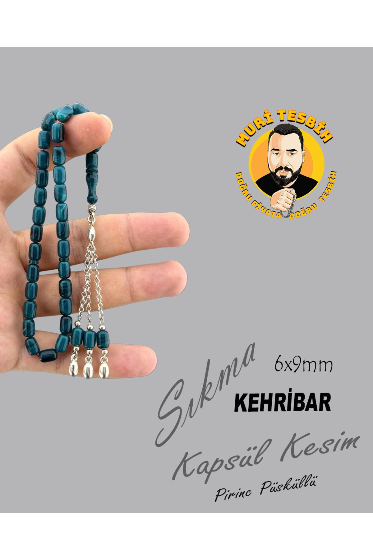muri tesbih PİRİNÇ PÜSKÜLLÜ SIKMA KEHRİBAR KAPSÜL KESİM 6X9