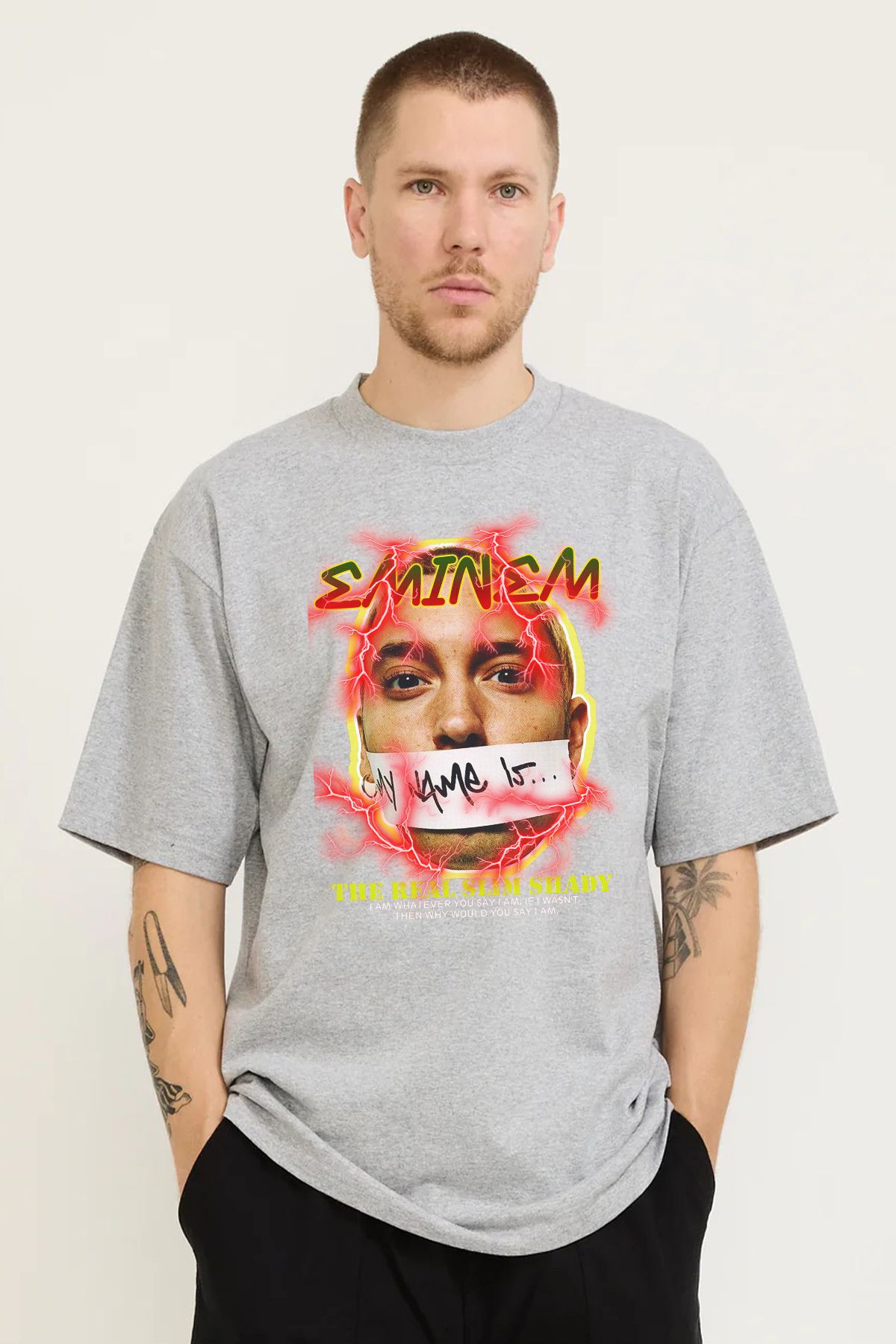 MODA Eminem YMCMB Baskılı Oversize Kalıp Grimelanj Bol Geniş Kesim Erkek Tişört