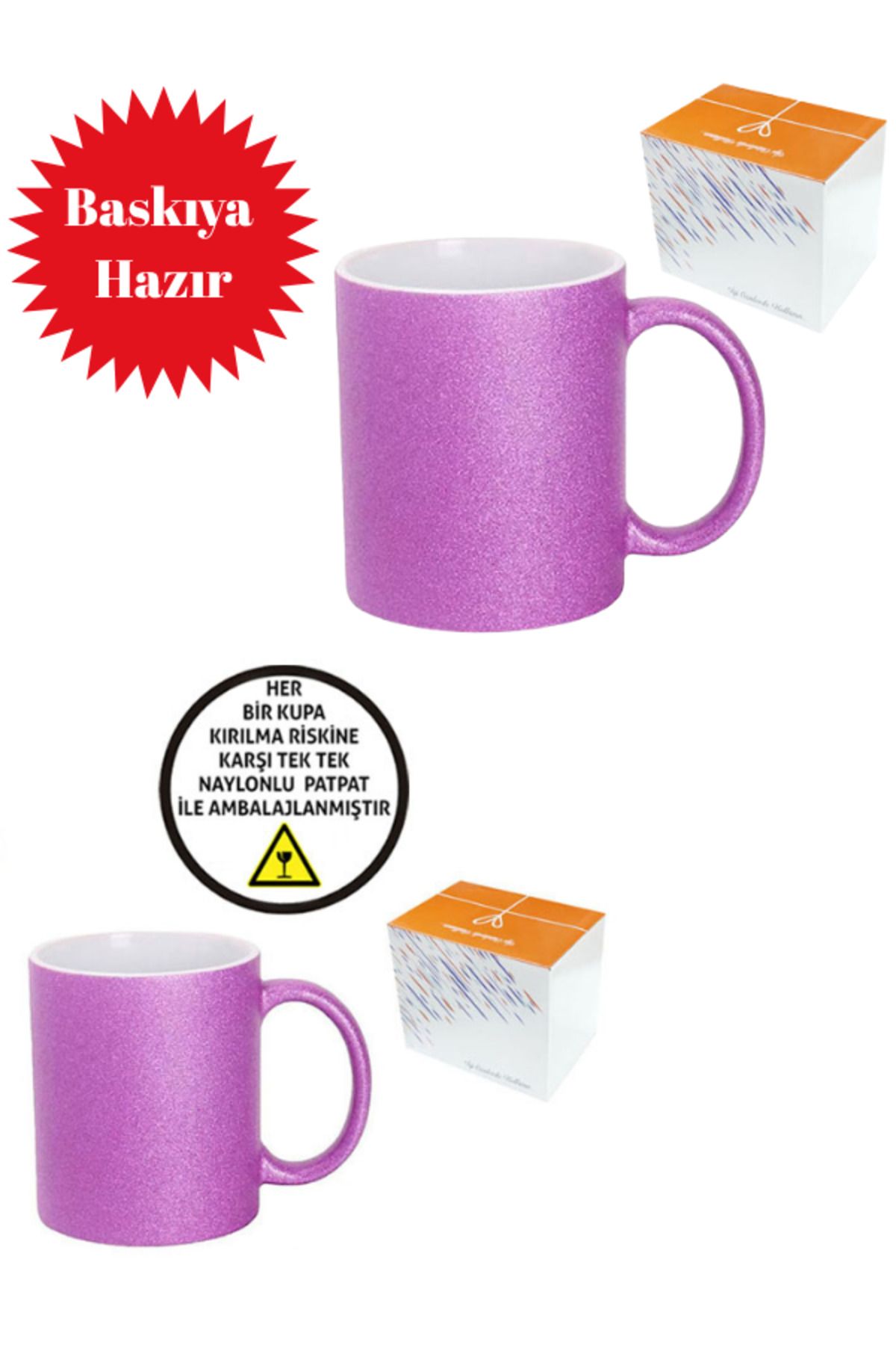 Güzel Paket Sublimasyon Porselen Glitter (Simli) Mor Kupa - Kutulu 3 Adet Baskısız