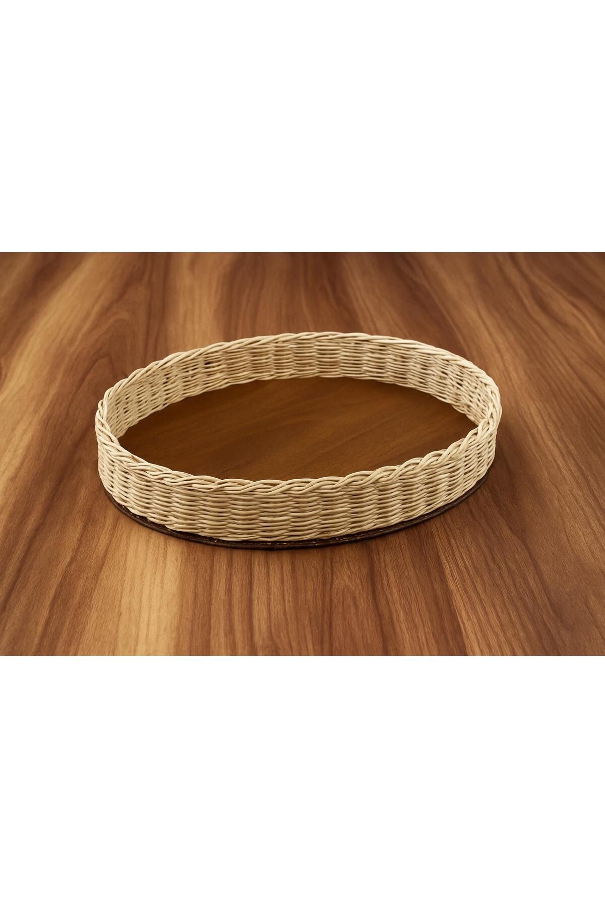 Dilek El Yapımı Oval Sunum Tepsisi – Bambu Rattan Örgü & Ahşap Taban