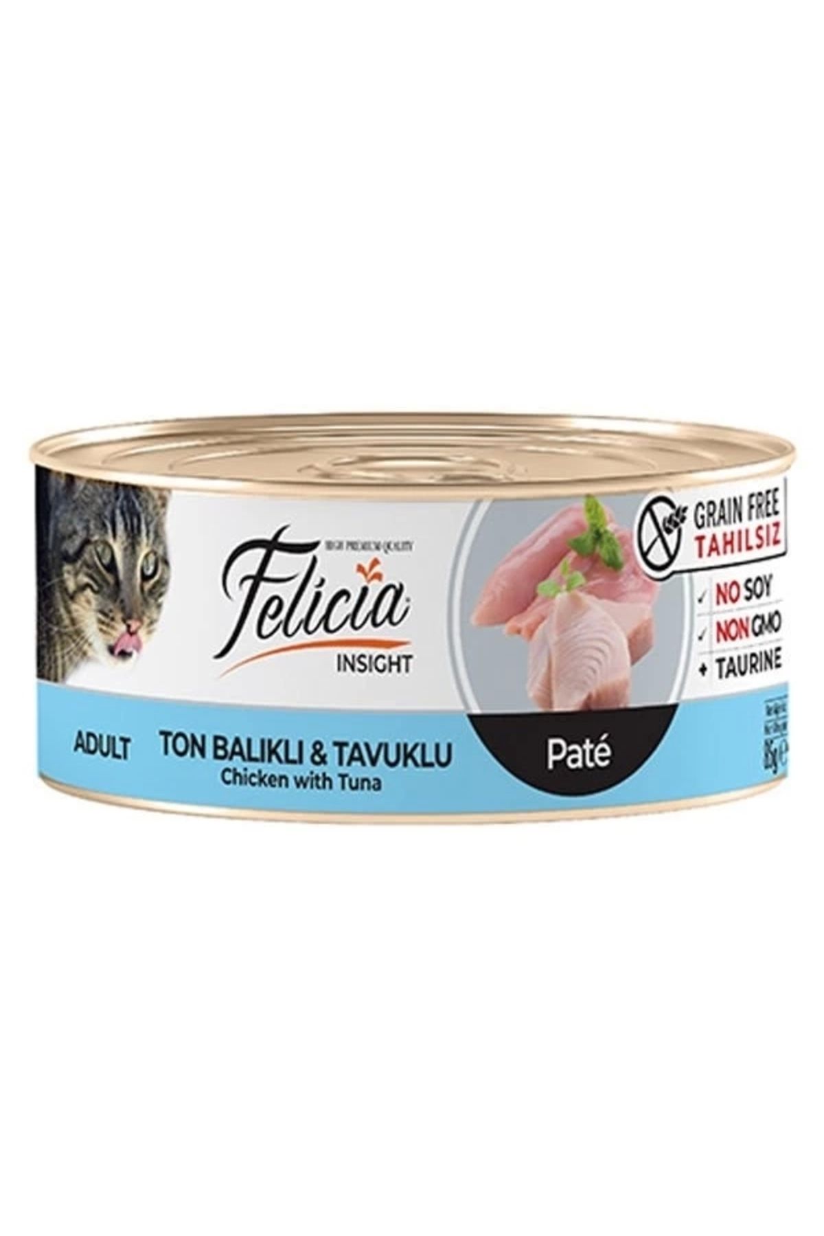 YNT İthalat Felicia Tahılsız Ton Balıklı Tavuklu Kıyılmış Yetişkin Konserve Kedi Maması 85 Gr