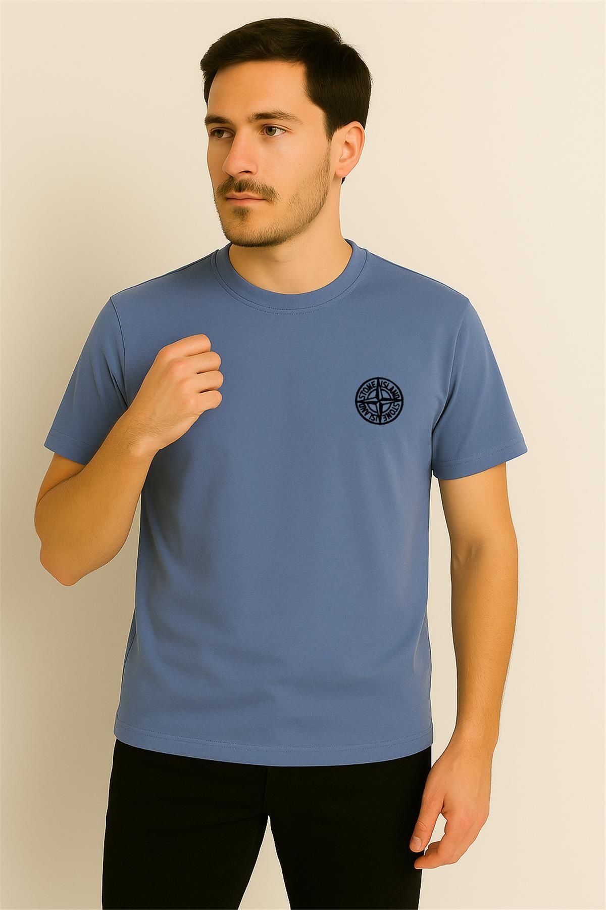 STONE ISLAND PAMUK PENYE BİSİKLET YAKA T-SHİRT İNDİGO