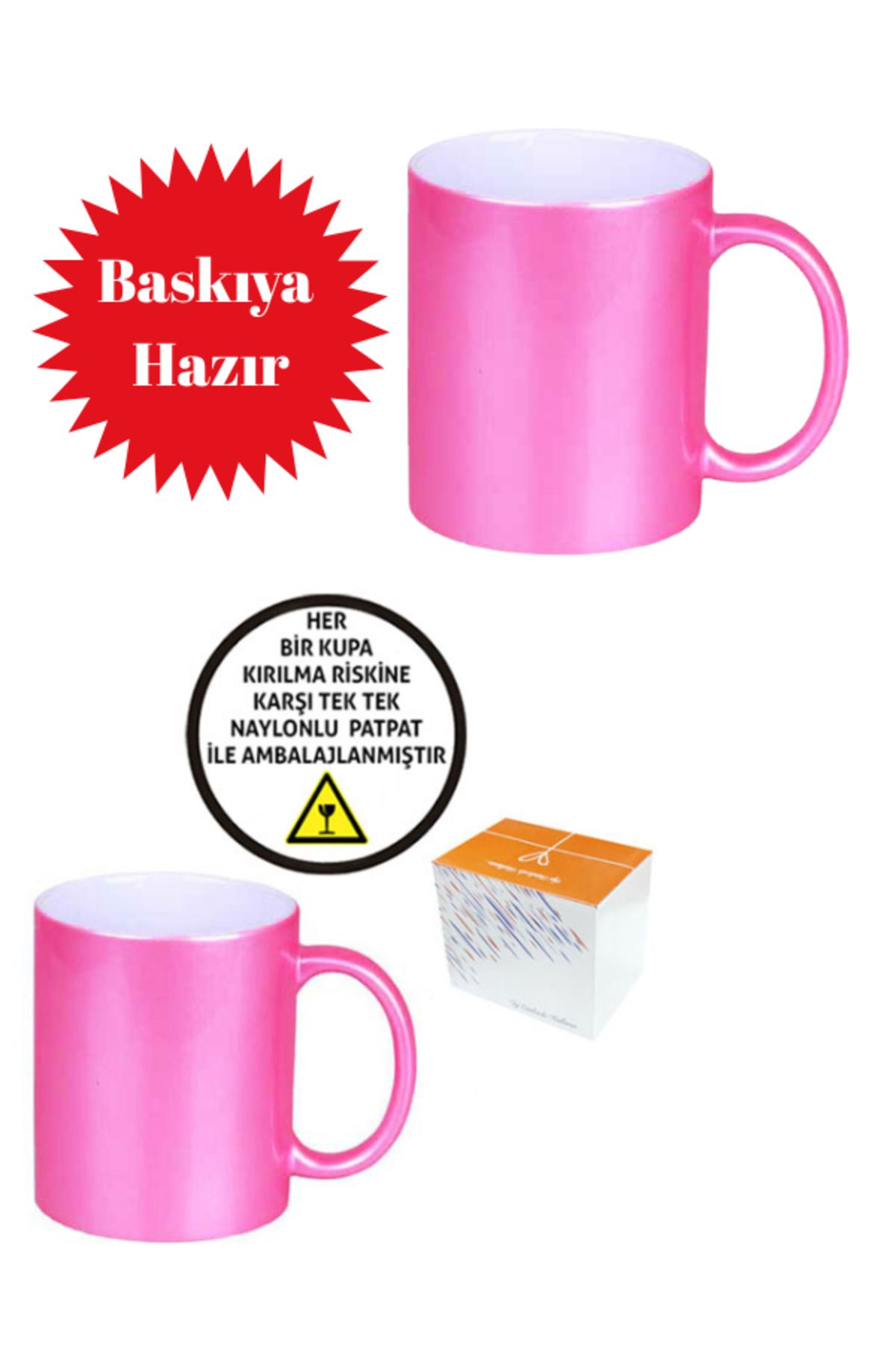 Güzel Paket Sublimasyon Porselen Pembe Sedefli Kupa - Kutulu 4 Adet Baskısız