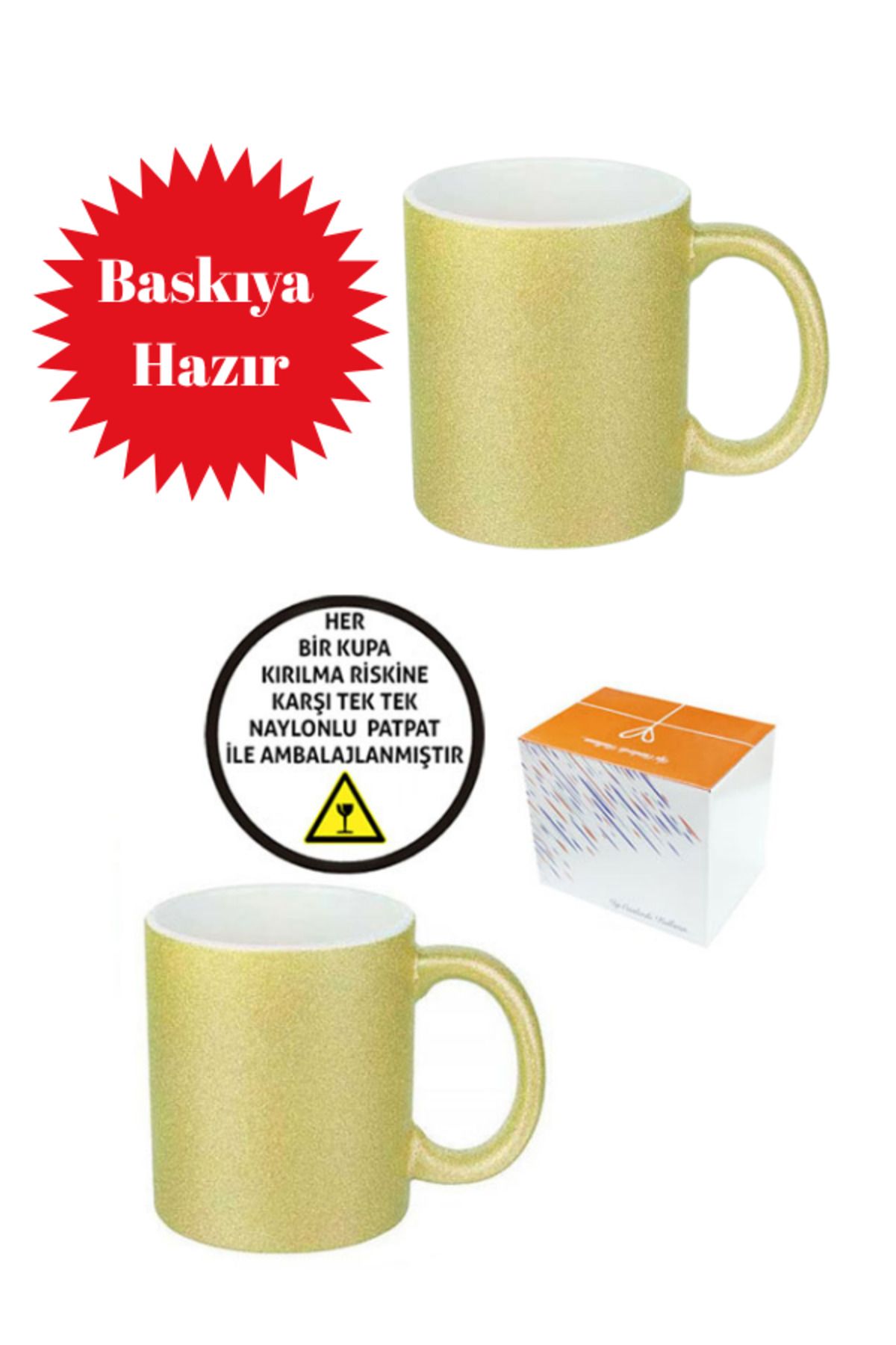 Güzel Paket Sublimasyon Porselen Glitter (Simli) Altın Kupa - Kutulu 4 Adet Baskısız