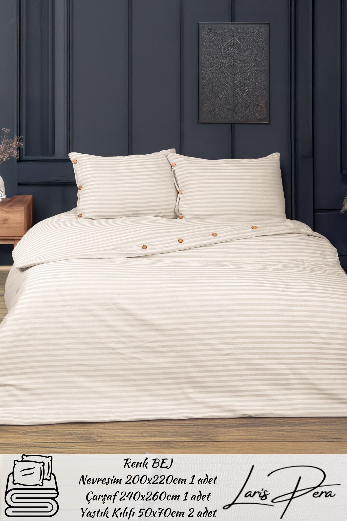 Larispera Çizgili Pamuk Saten Çift Kişilik Nevresim Takımı King Size İplik Boyalı Düğme Detaylı DuvetCover Set