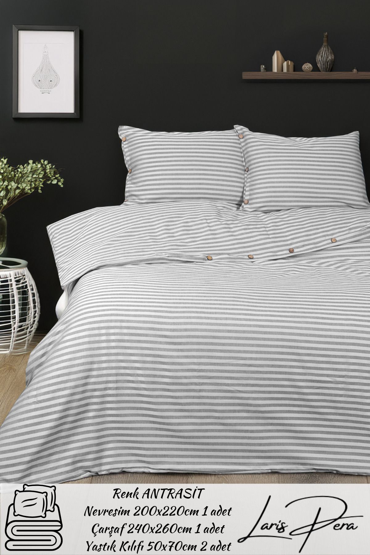 Larispera Çizgili Pamuk Saten Çift Kişilik Nevresim Takımı King Size İplik Boyalı Düğme Detaylı DuvetCover Set