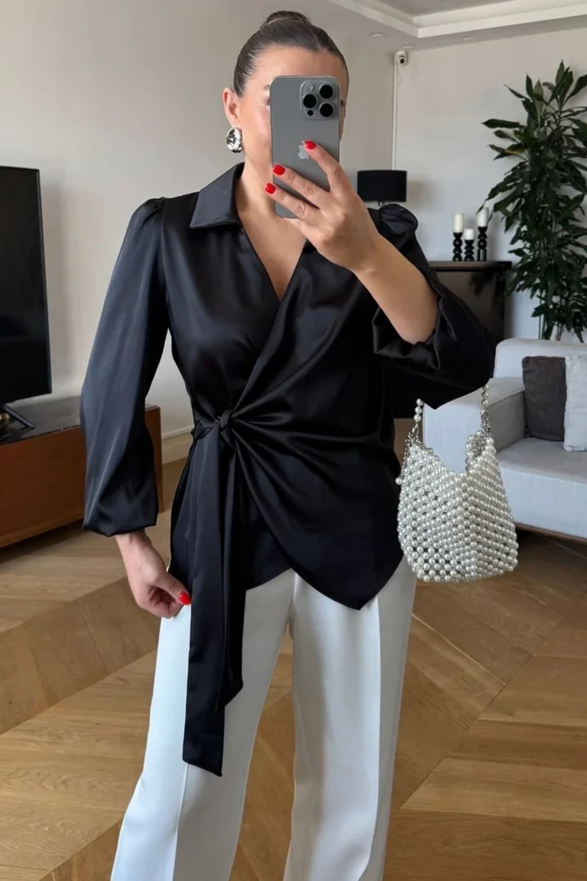 ELLA'S Kruvaze Bağlamalı Saten Bluz