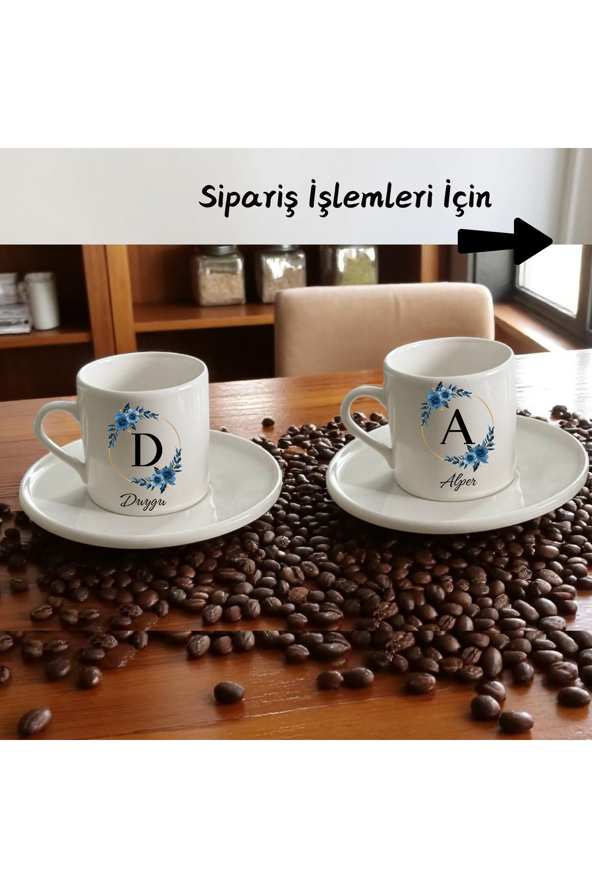 D&Y GAUDERY Porselen Mavi Çiçekli Kahve Fincanı Seti- Kişiye Özel İsimli-a Kalite 2'li Türk Kahvesi Fincan Seti