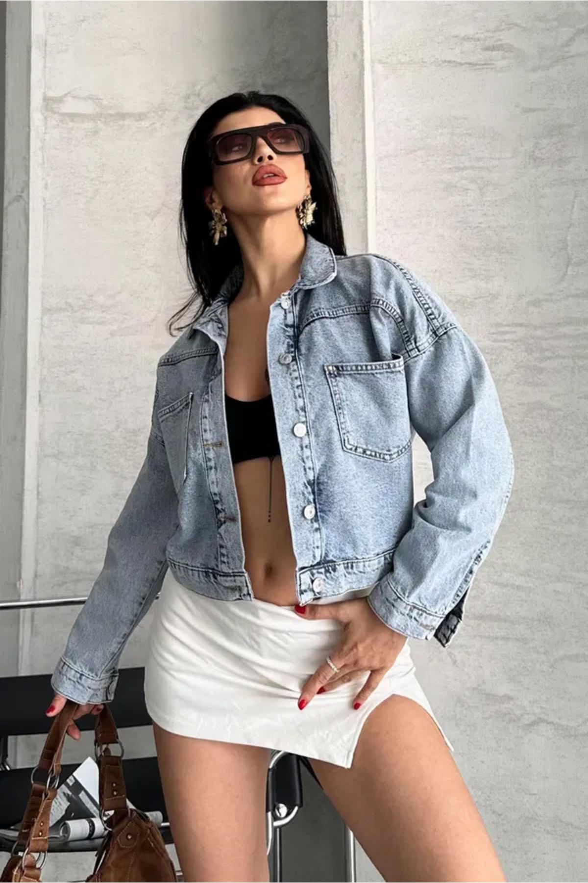 Butik Çift Cepli Demin Crop Ceket