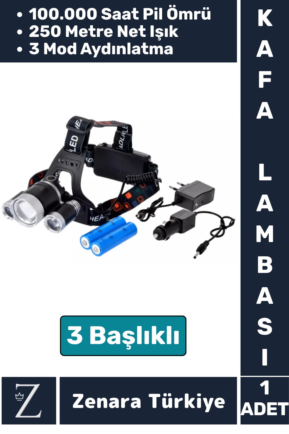 Zenara Premium Kamp Avcı Balıkçı Deprem Güçlü Işık 3 Modlu Yüksek Mesafeli 3 Başlıklı KAFA LAMBASI