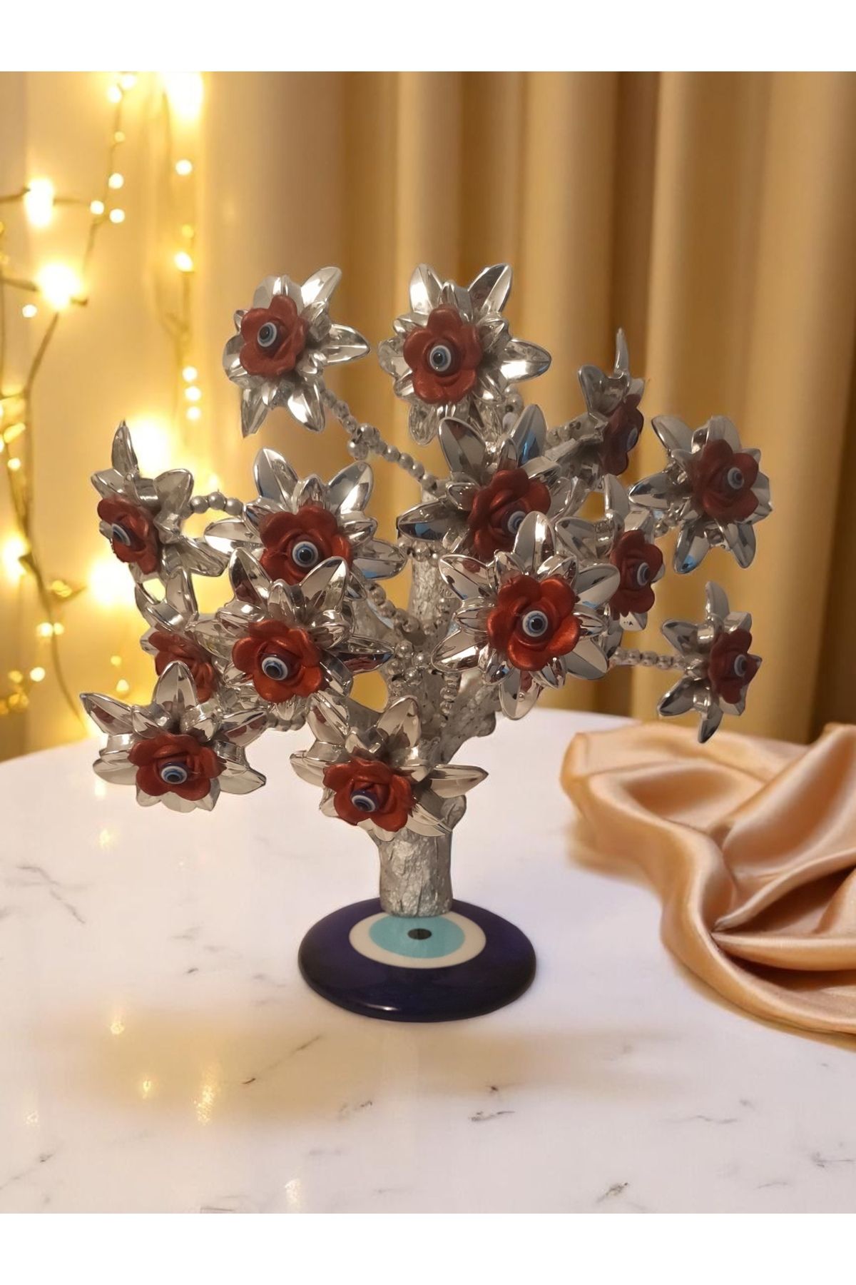 Land of Souvenir Cam Nazar Boncuklu Çiçekleri Elle Bükülüp Ayarlanabilen Ağaç Dekoratif Obje Biblo Hediyelik Süs