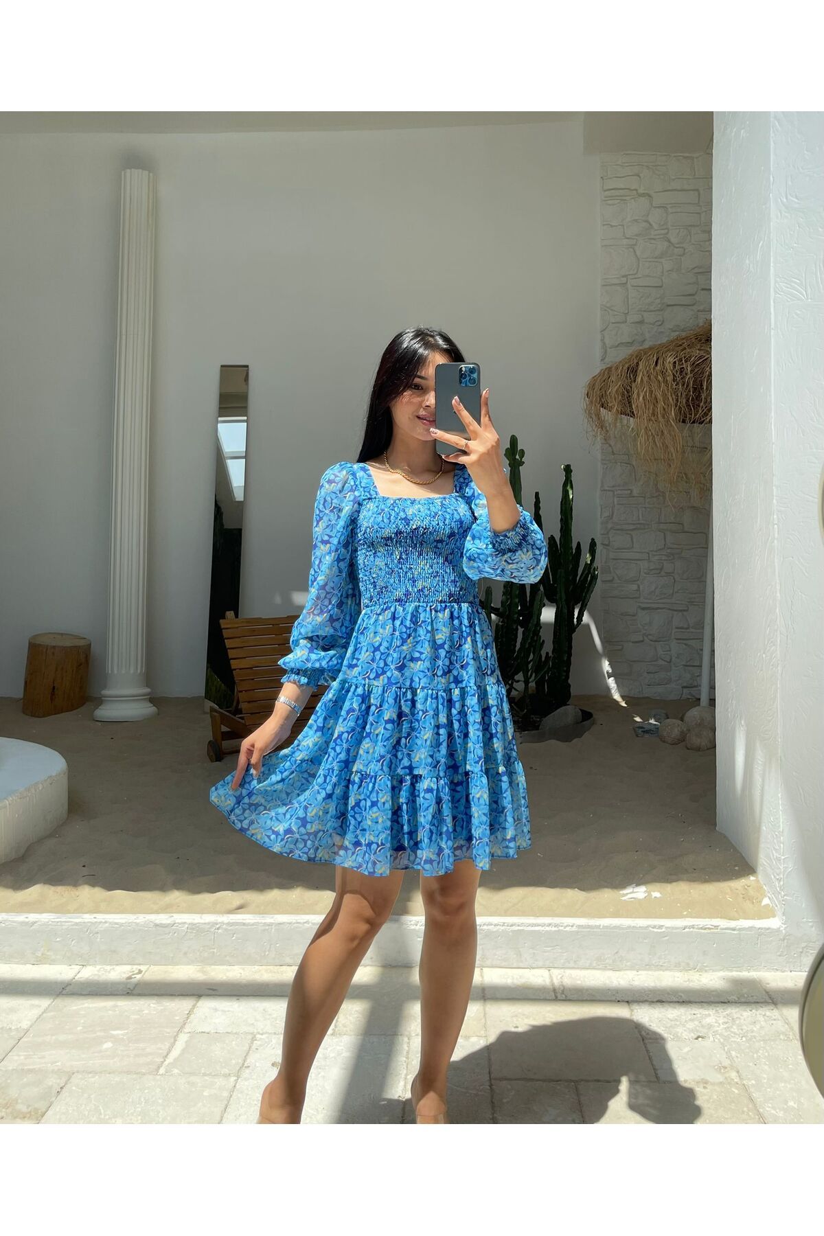 Nida Boutique Uzun Kol Kare Yaka Göğüs Gipeli Astarlı Şifon Elbise