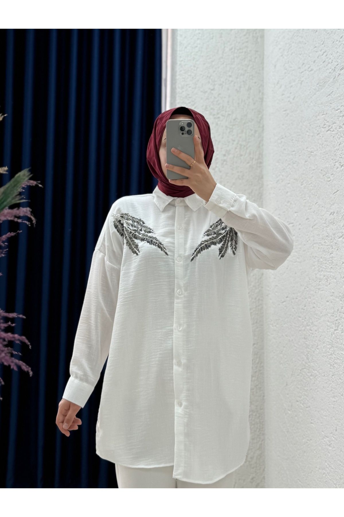 Mihra Sanasya Yapraklı Araboy Gömlek-PE209 Beyaz