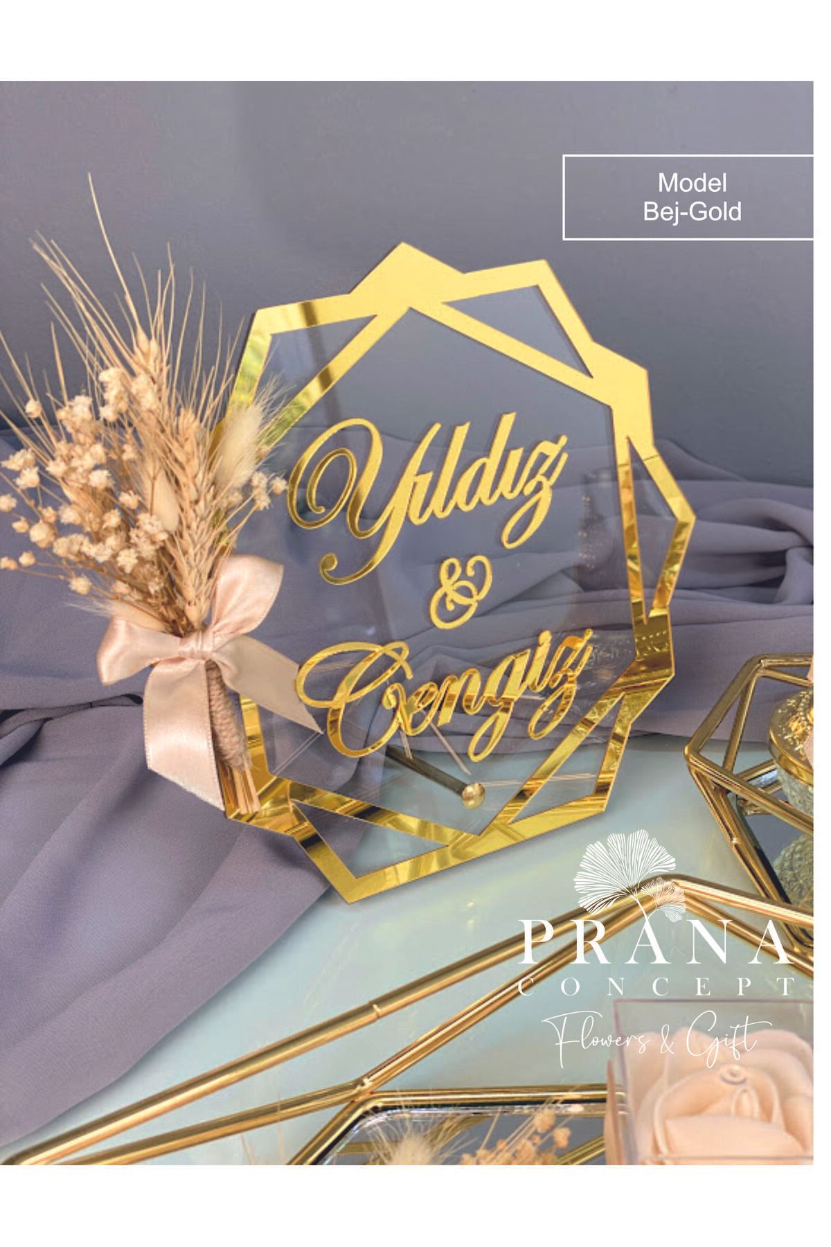 shop Pleksi Söz Nişan İsim Dekoru Gold Renk ve Çiçek Süslemeli 20*20Cm Prizma Modeli İsimlik