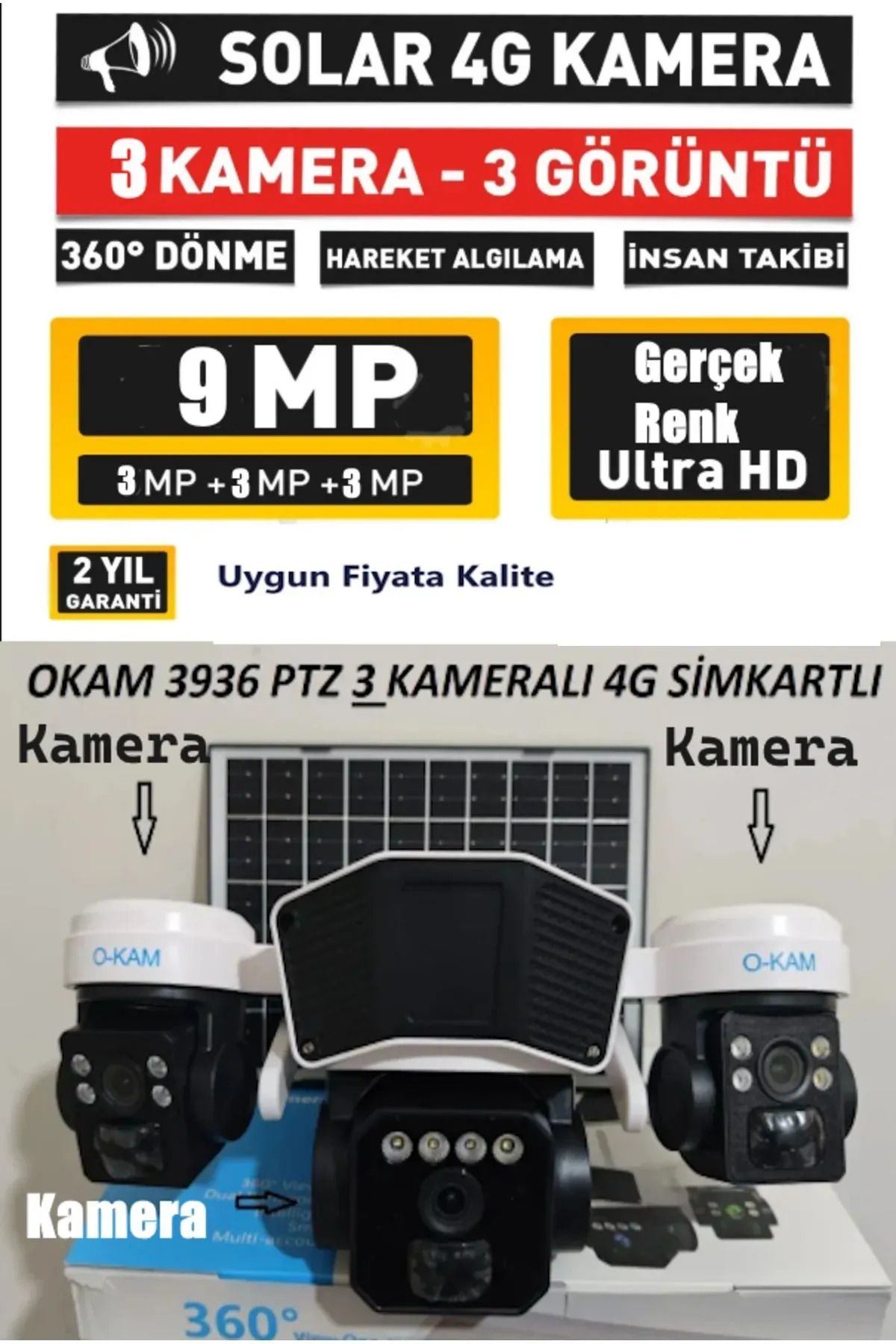 TR Charger O-Kam 3936 Solar Güneş Panelli 9MP 3+3+3MP 4G SIM Kartlı Güvenlik Kameralı Yeni Nesil Yapay Zeka