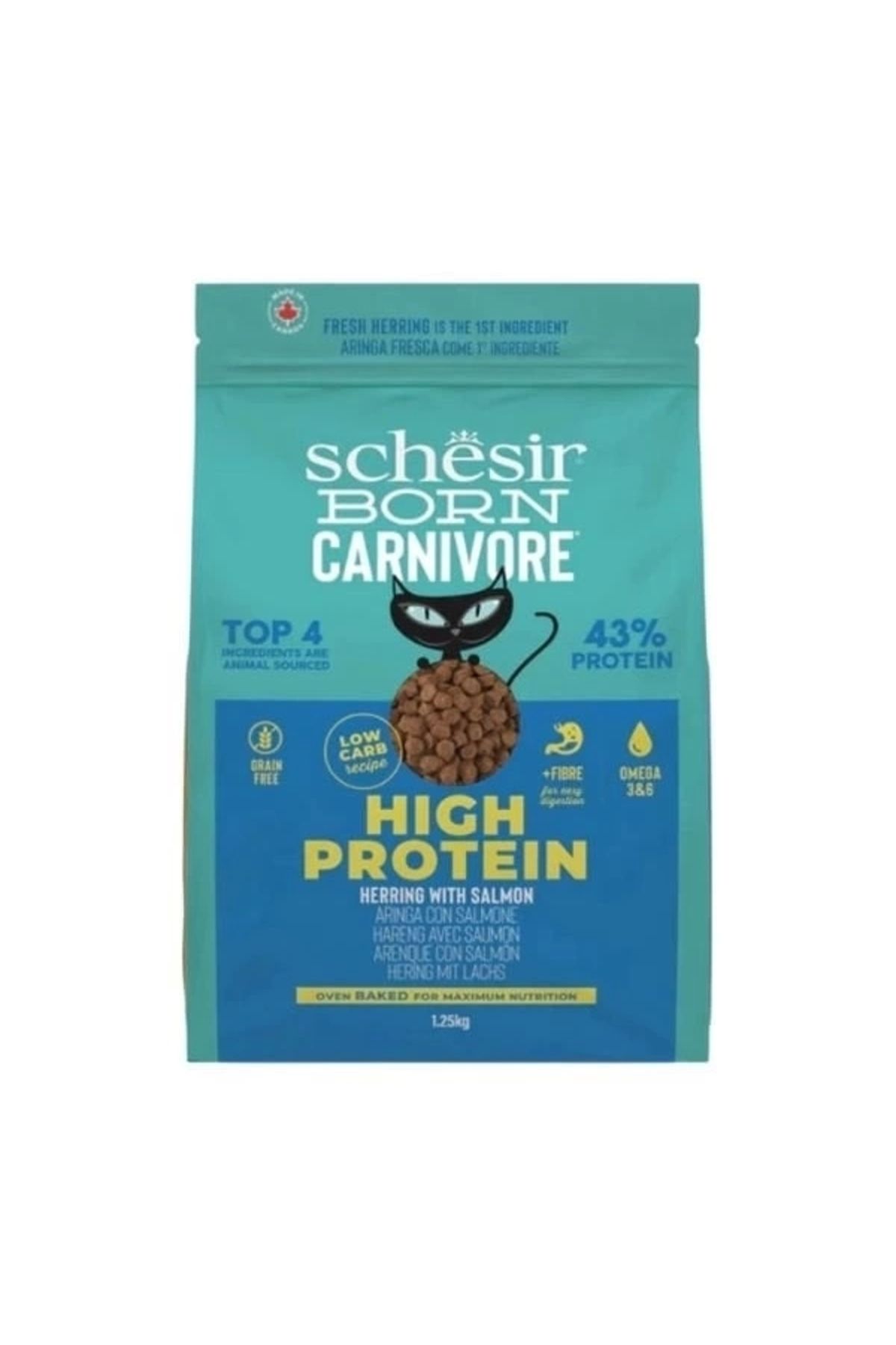 YNT İthalat Schesir Born Carnivore Somonlu ve Ringa Balıklı Yetişkin Kedi Maması 1.25 Kg