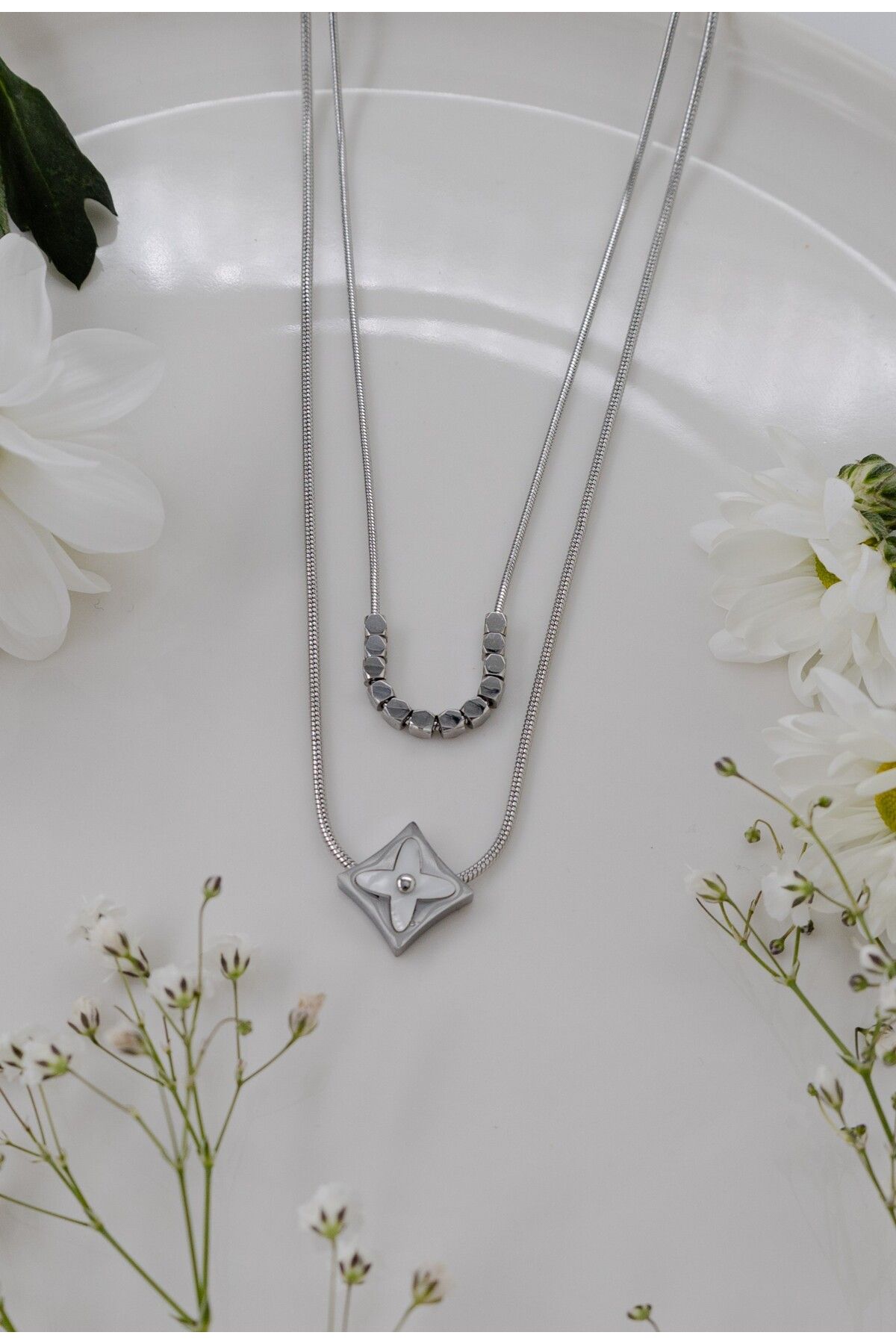 cindyaccessory Paslanmaz Çelik Çift Zincir Yonca Detaylı Kolye