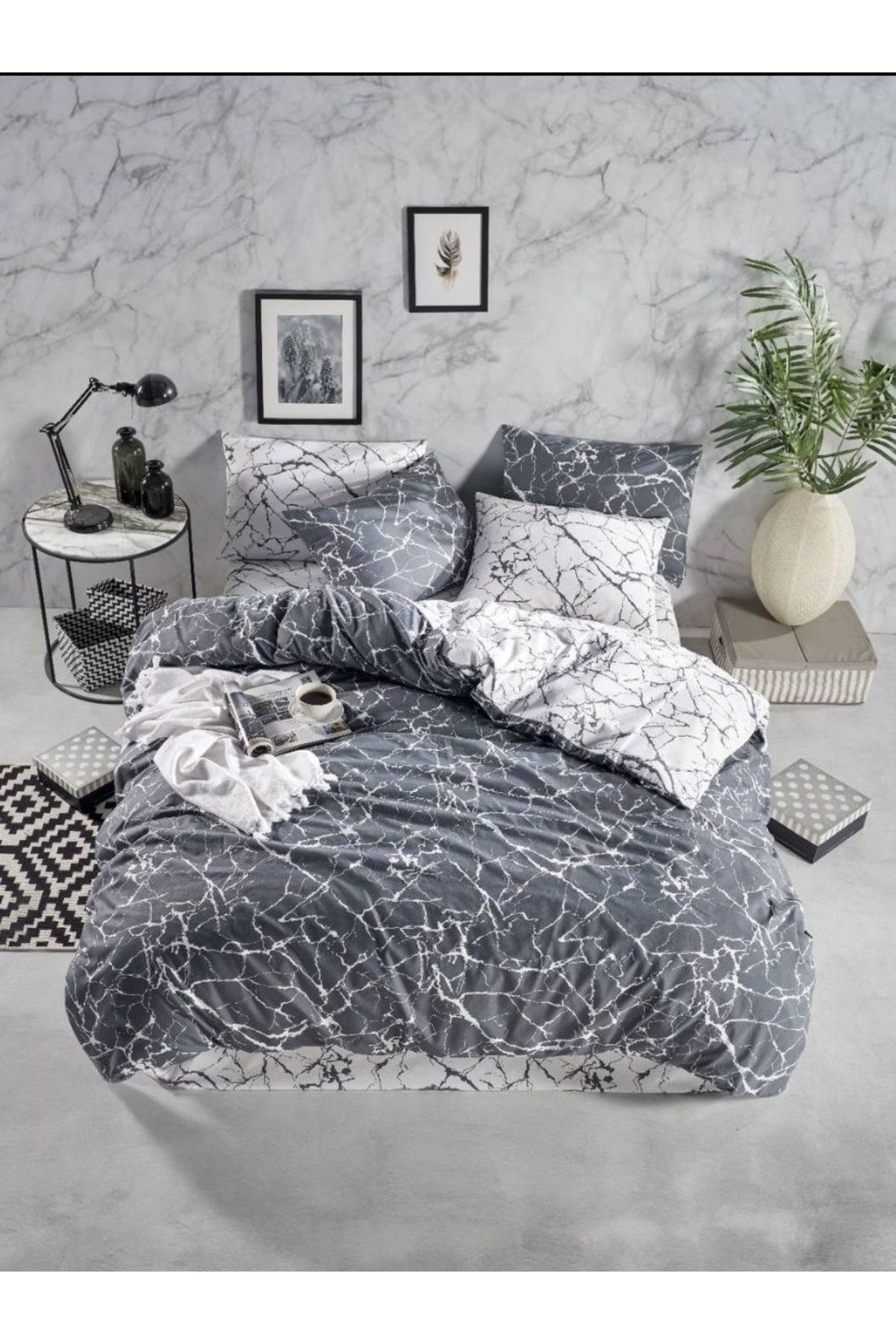 VİLERA HOME DESENLİ ÇİFT KİŞİLİK GRİ MERMER DESEN NEVRESİM TAKIMI