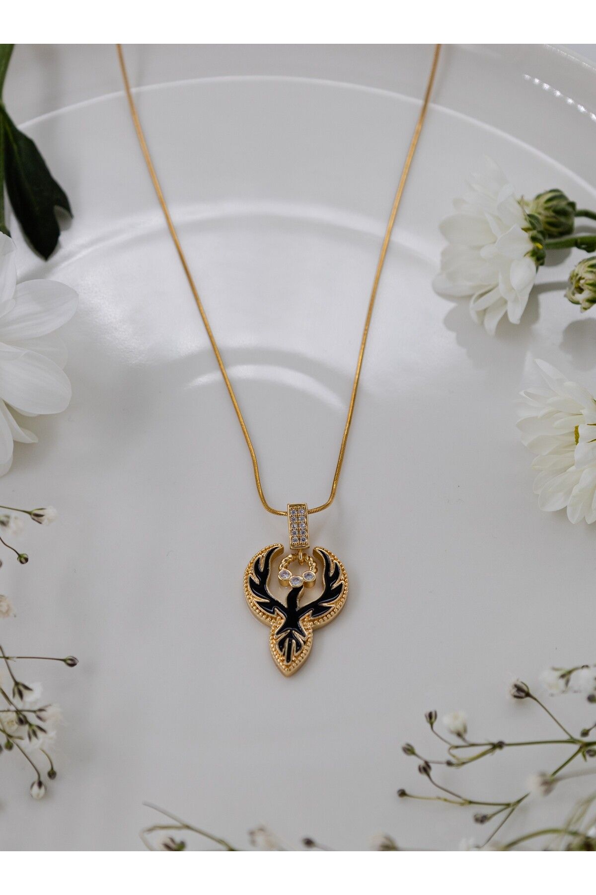 cindyaccessory Paslanmaz Çelik Gold Rengi Siyah Mineli Anka Kuşu Kolye