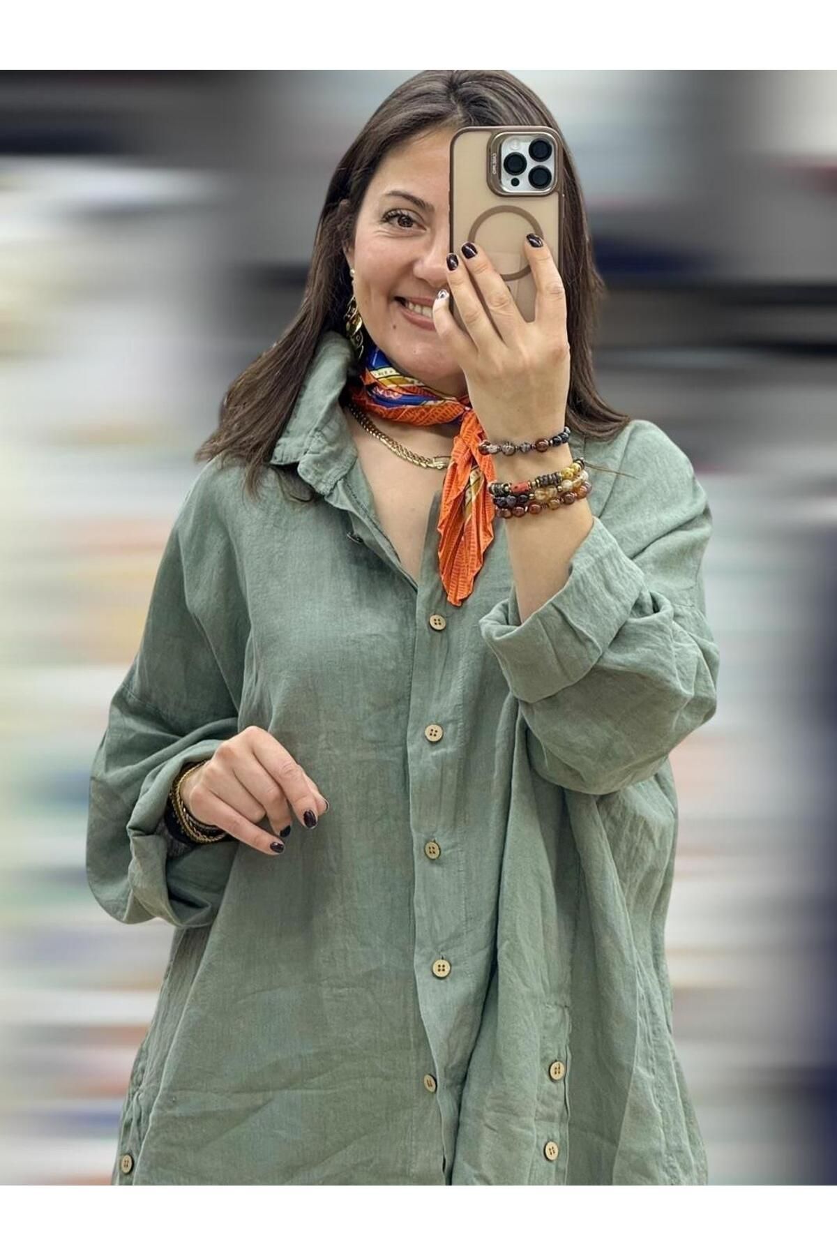 Butik İtalyan Keten Düğme Detaylı Gömlek - HAKİ