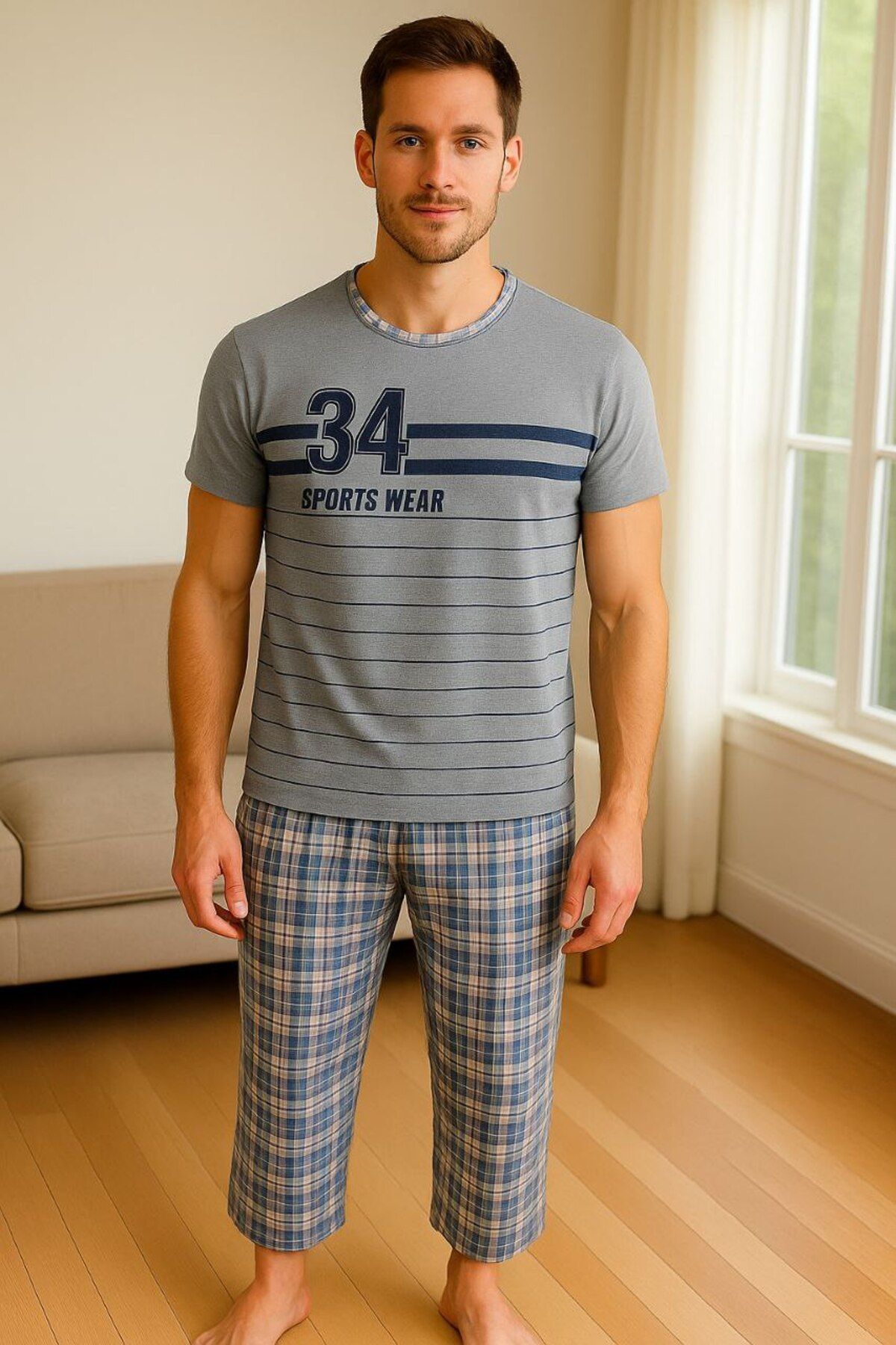 Masal Dünyası Bursa 34 Sports Wear Yazılı Ekoseli Desenli Kısa Kollu Erkek Pijama Takımı ( 4 Renk Seçeneği Mevcut )