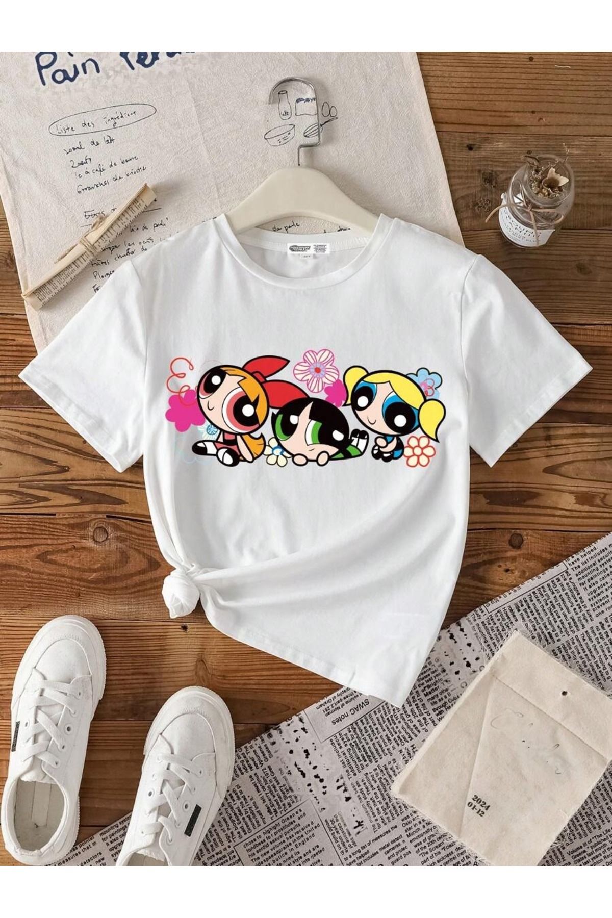 PALPİTO Kadın Beyaz Renkli Powerpuff Girls Baskılı Oversize T-Shirt