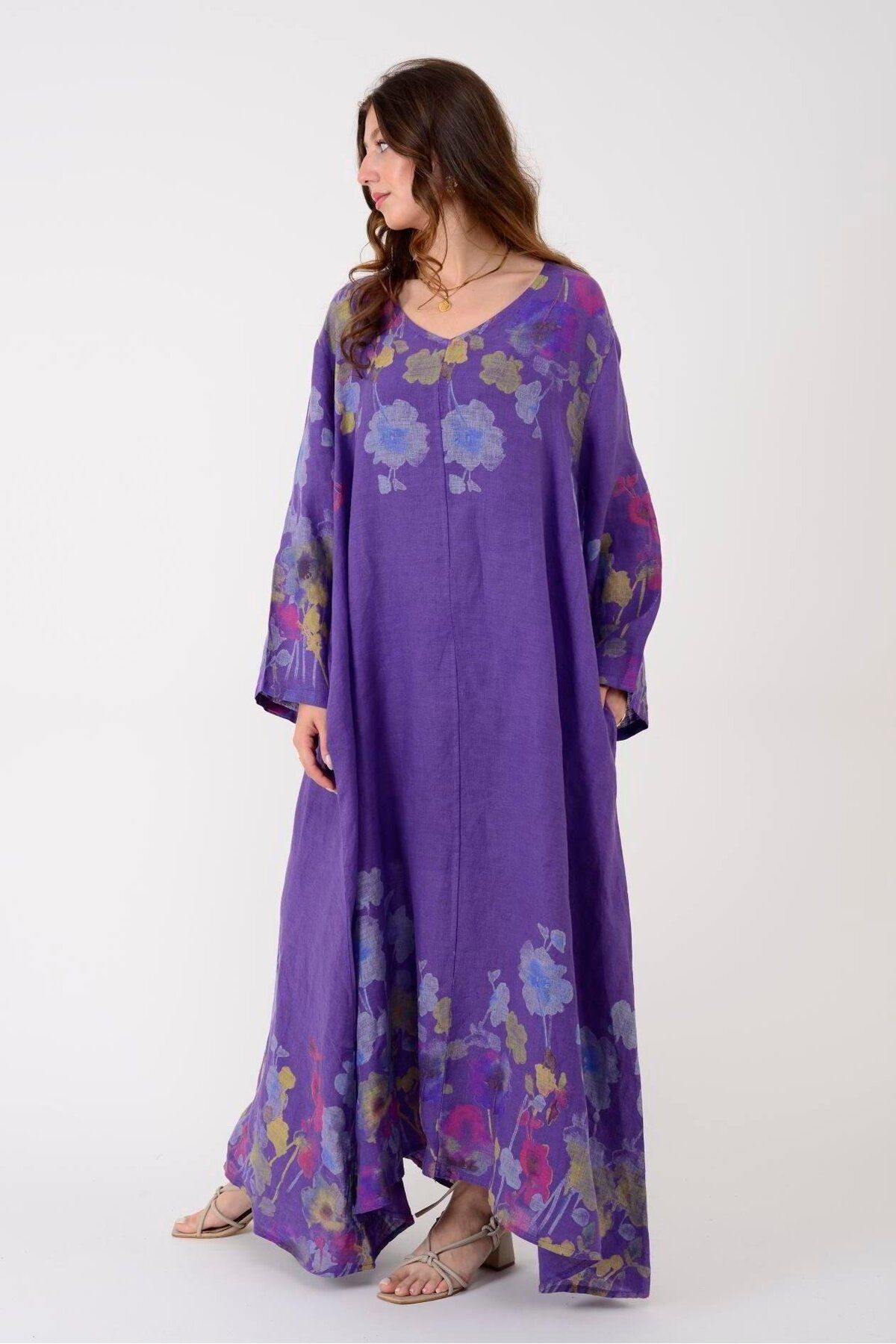 Butik İtalyan V Yaka Keten Elbise - MOR