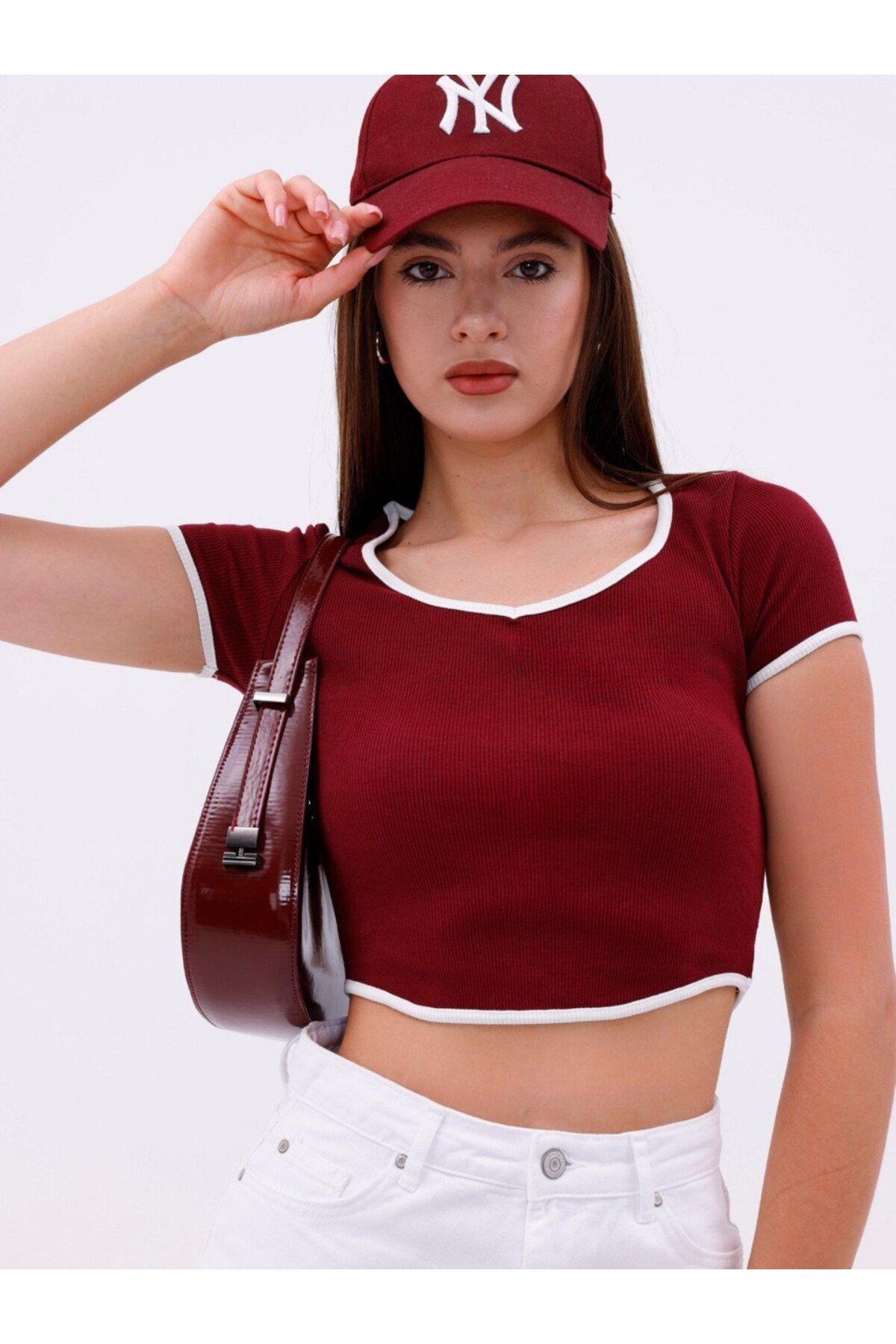 LÜX TARZ Kadın Biye Şeritli Kaşkorse Mini Crop