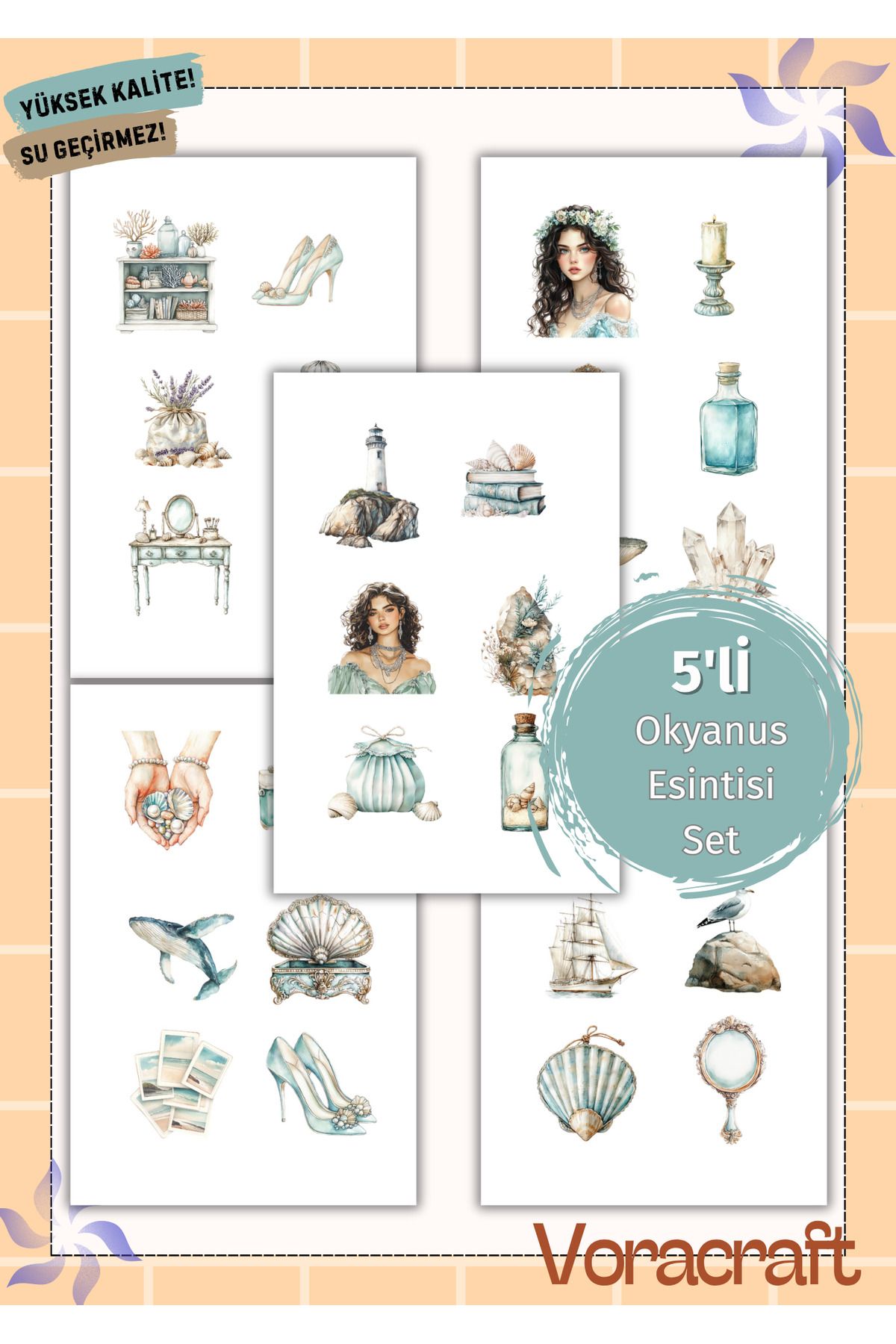 VORACRAFT 5'li Okyanus Esintisi Sticker Set Ajanda Bullet Journal Set A042