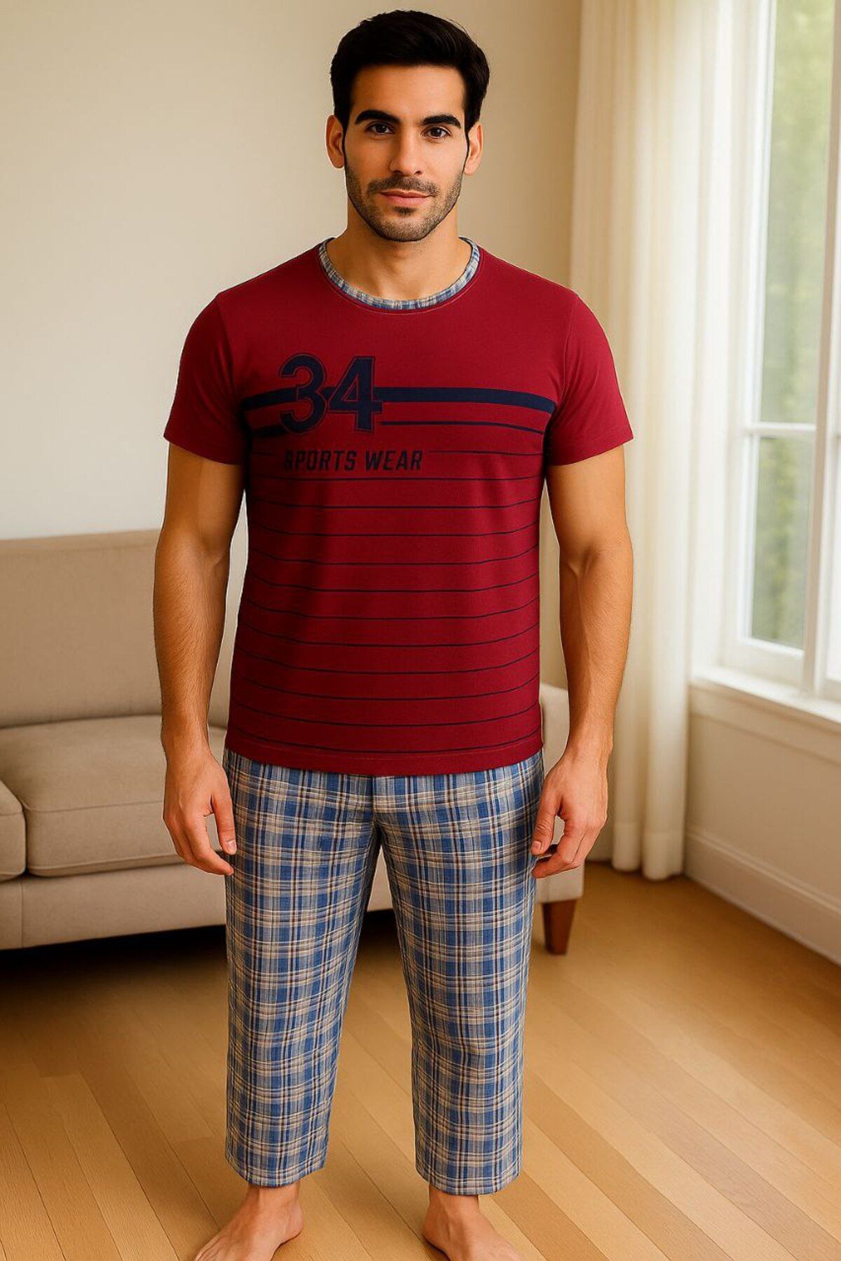 Masal Dünyası Bursa 34 Sports Wear Yazılı Ekoseli Desenli Kısa Kollu Erkek Pijama Takımı ( 4 Renk Seçeneği Mevcut )