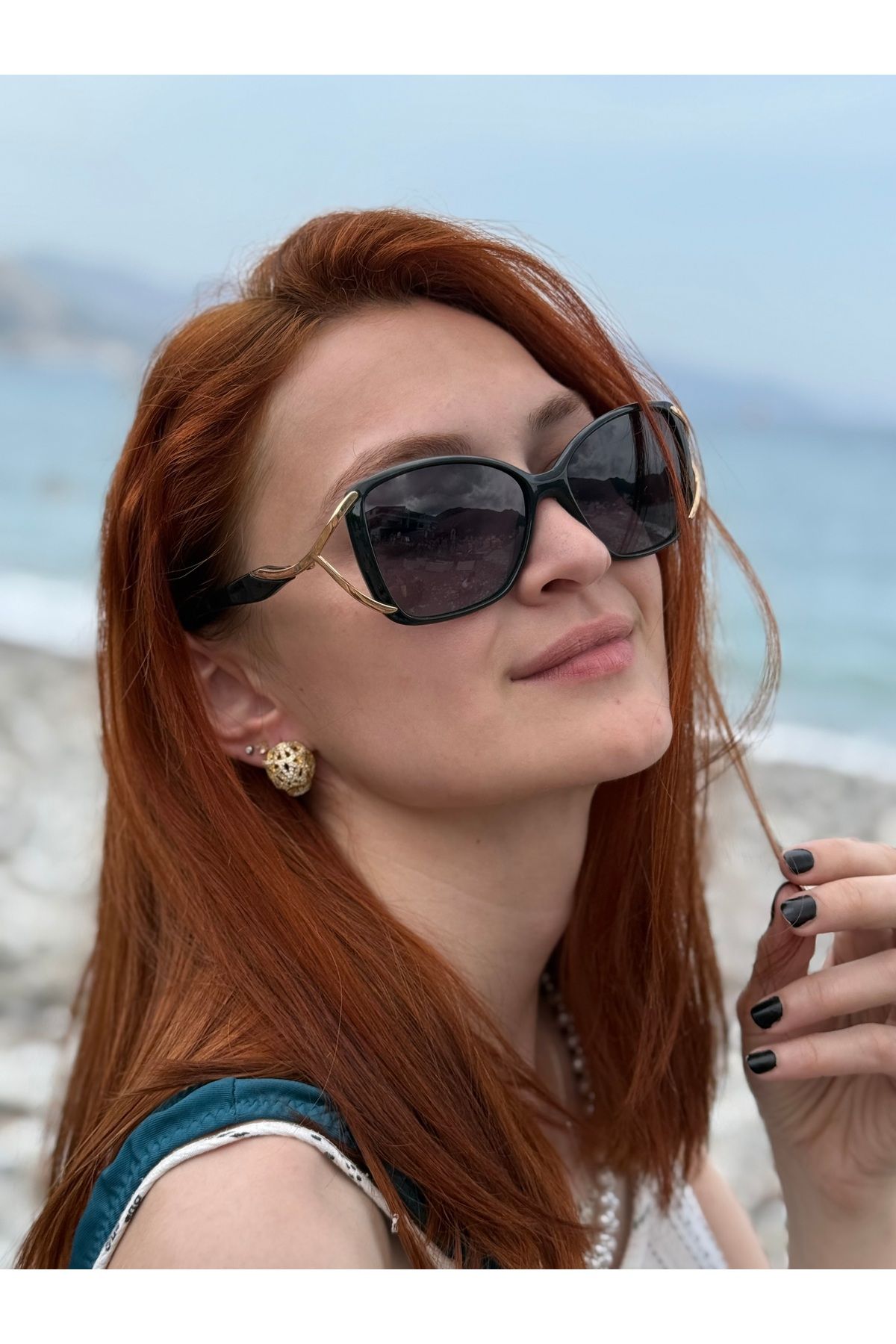 Ferrucci Siyah Oval Çerçeveli Altın Gold Metal Detaylı Degrade Camlı Şık Kadın Güneş Gözlüğü