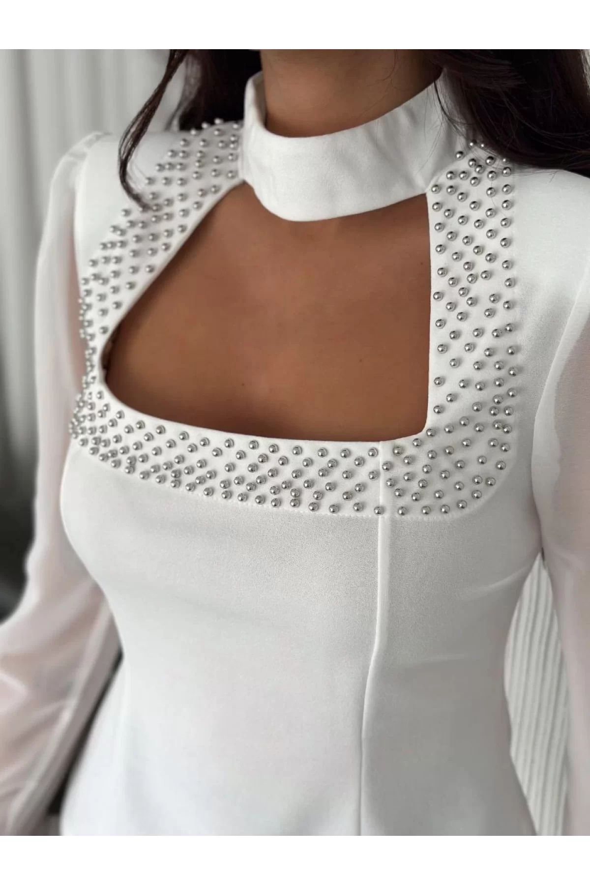 BBbutik Uzun Kollu Kadın Kolları Şifon Göğüste İnci Boncuk detaylı Bluz